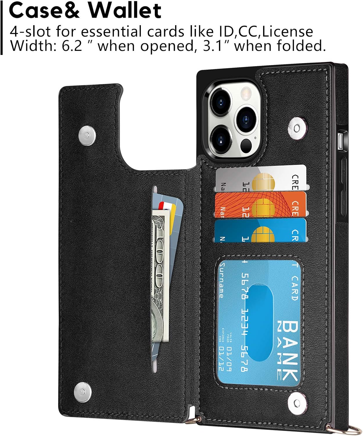 Vofolen Compatible with iPhone 12 Pro Max Case Wallet 5G Card Holder Lanyard Crossbody Detachable Neck Strap Protective Square Flip Slim Cover Soft PU Leather Double Magnetic Clasp 6.7inch Black