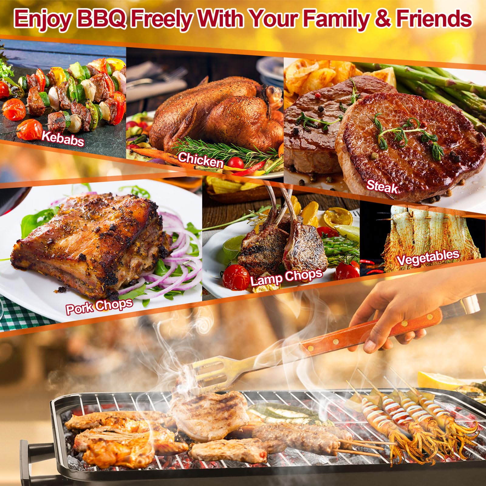 KOCASO Barbecue portatile a carbonella, griglia pieghevole per barbecue, da tavolo con coperchio, griglia da campeggio per esterni, patio, cortile, feste, picnic, spiaggia, viaggi, griglia pieghevole