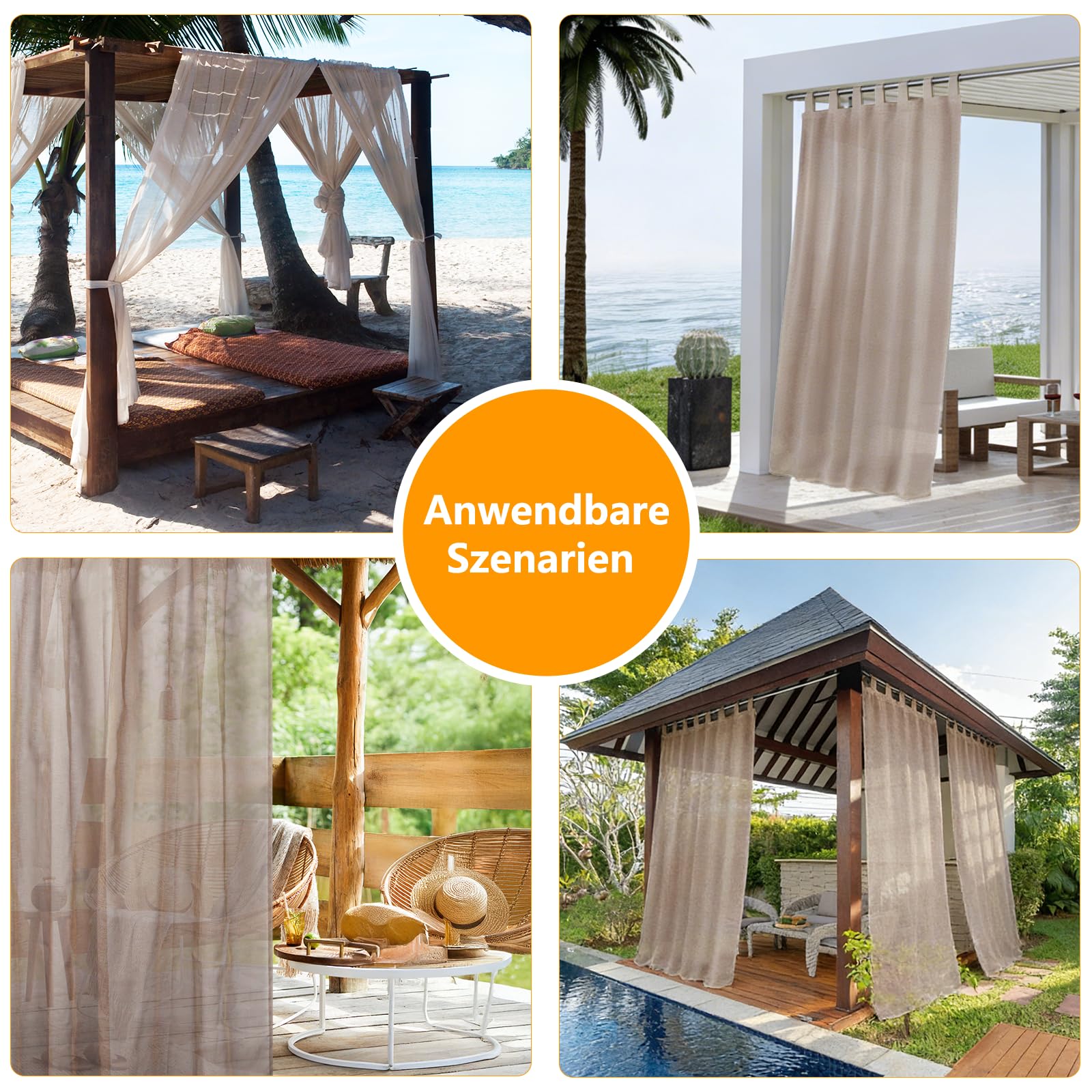 Newthinking Outdoor Vorhang Wetterfest, 2er Set, Leinenvorhang, 245x132 cm | Leichter Outdoor Vorhang, Sonnenschutz mit Klebe-Ösen, für Pavillon, Terrasse, Garten. Sichtschutz, maschinenwaschbar