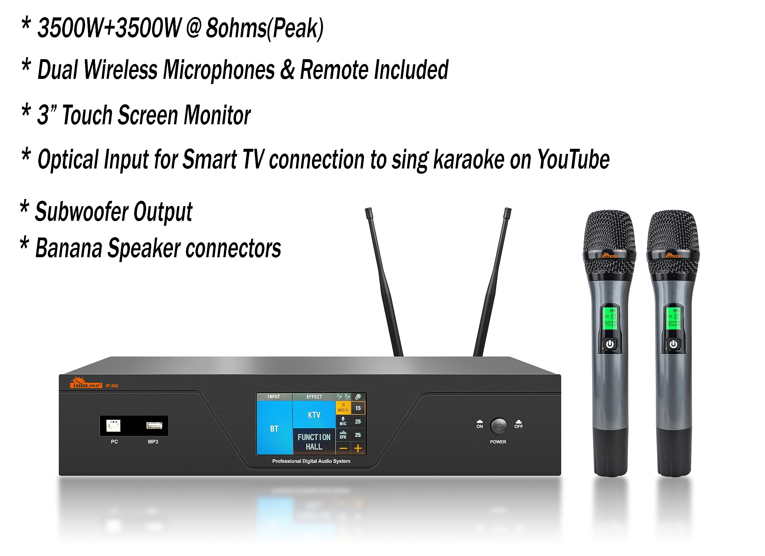 IDOlpro IP-300 Touch Screen Monitor Professional Digital Amplifier Equipped with Dual Wireless Microphones, DSP Sound Professor, Bluetooth, Optical/HDMI/Bluetooth/Sub Output New