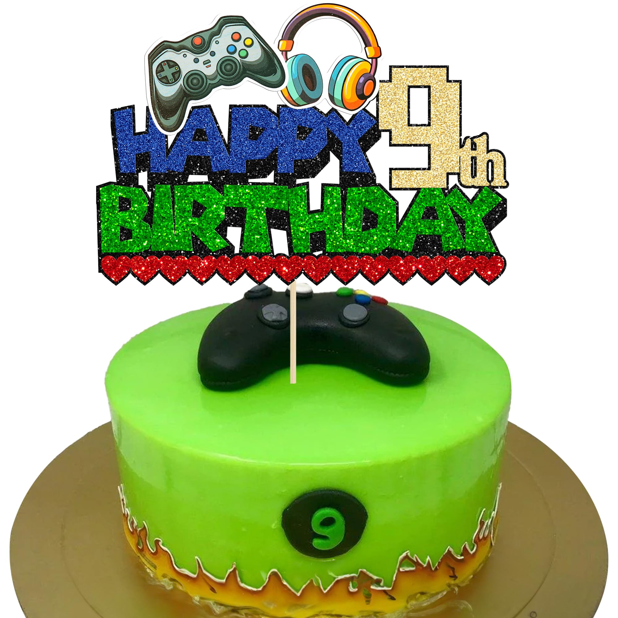 Ephlyn 1Pcs Video Game Happy 9th Birthday Cake Topper Glitter Video Game Cake Pick Game On Controllers Nine Cheers to 9 Years Cake Decoration for