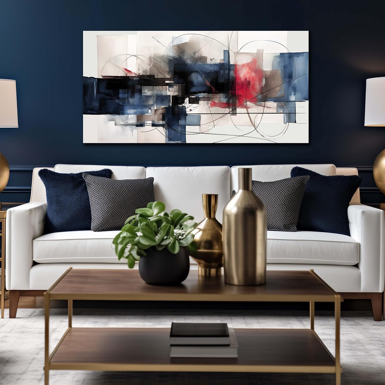 Fuwobriva Abstract Canvas Wall Art for Living Room Bedroom Office Large Wall Art Decor Abstract Wall Art Modern Black Red and Blue Geometry Painting Artwork 24"x48"