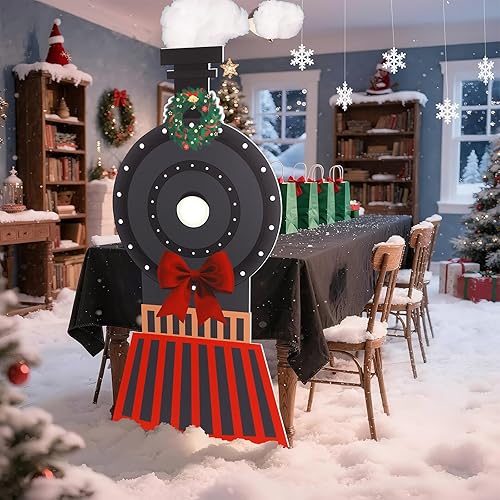 Miniatura 6 de Oudain 2 piezas de decoración de tren exprés de Navidad, decoración de mesa de tren de vapor con mantel negro, recorte de cartón para Navidad,