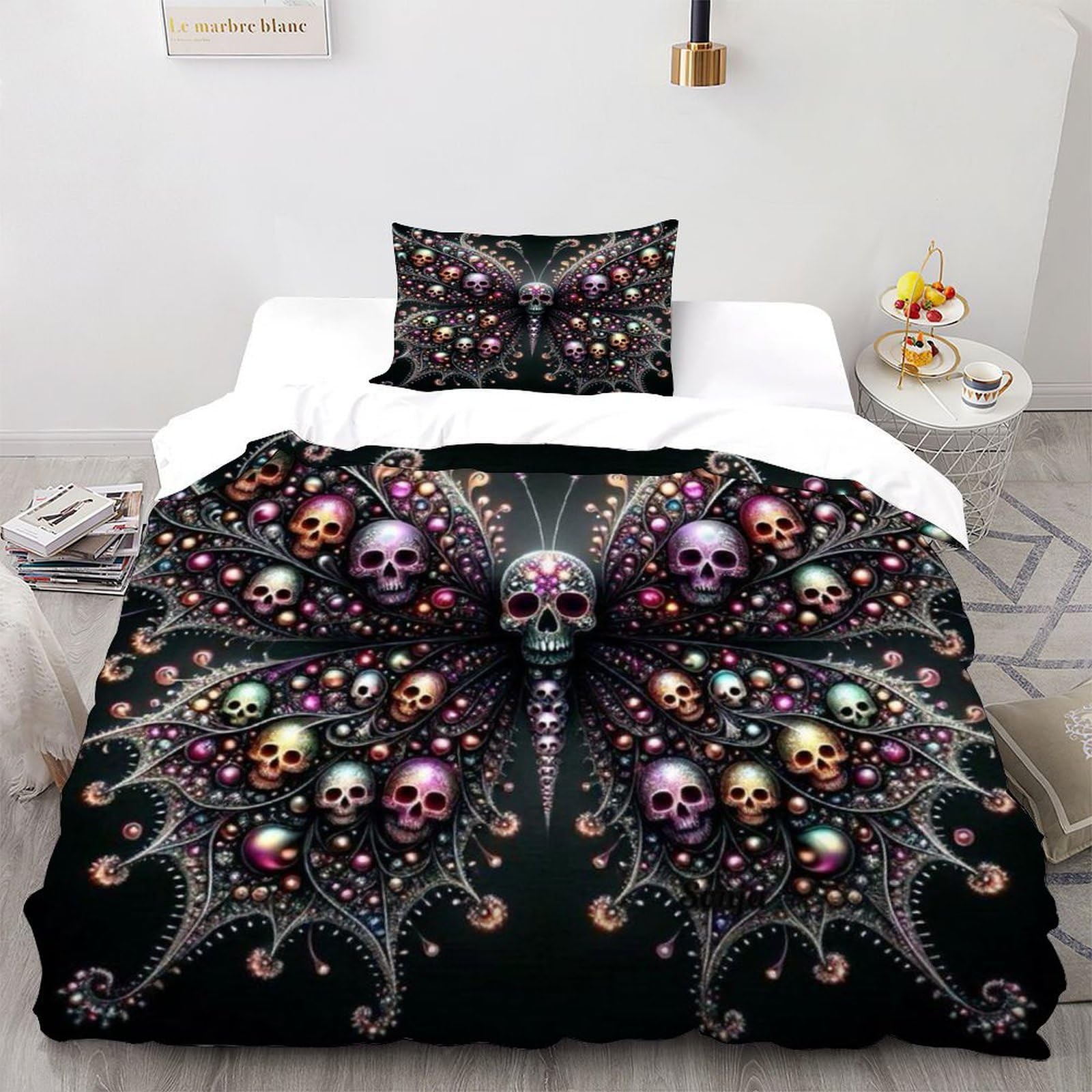 Housse de couette papillon crâne lit simple microfibre infroissable lavable pour un lit propre