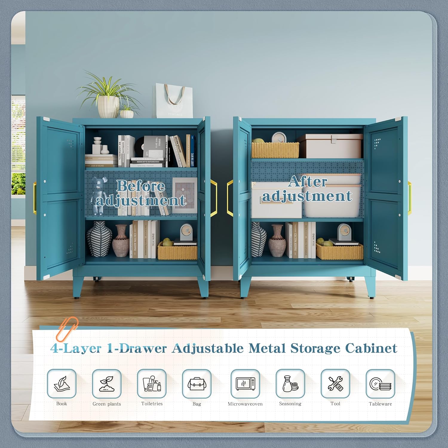 Short Storage Cabinet with 2 Doors and Adjustable Shelves, Metal Pantry Cabinets Coffee Bar Cabinet, Kitchen Sideboard Cabinet, Small Floor Cabinet for Dining 24 W x 12 D x 31.5 H, Blue