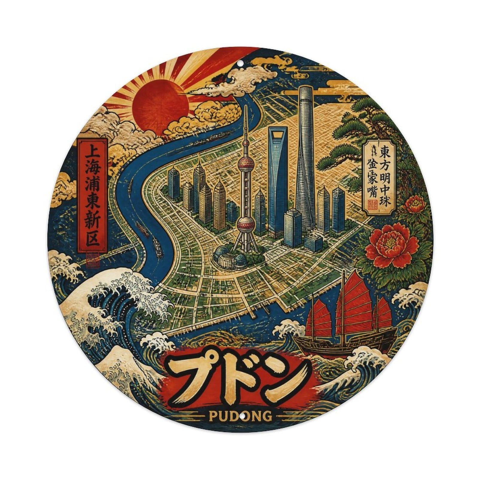 Okngb Style Pudong District Shanghai Memphis Geometry City Route Metal Tin Sign Plaque Wall Decor For Cafe, Man Cave, Club Bar, Office, Home Garden Round Metal Poster 8X8inch