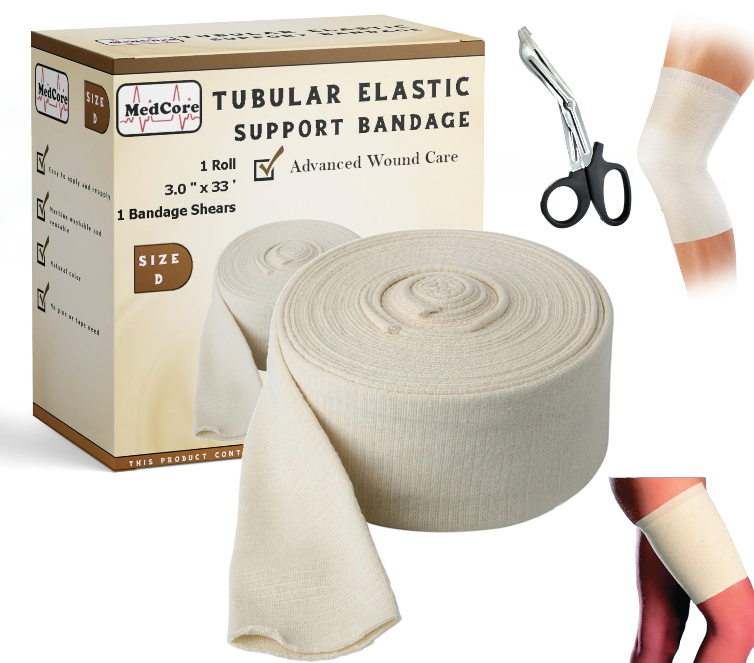 Premium Elastic Tubular Compression Bandage Size E Stockinette, 3.4 inches x 33 Feet. Reusable Elastic Bandage Sleeve Wraps Plus One Pair of Medical Scissors