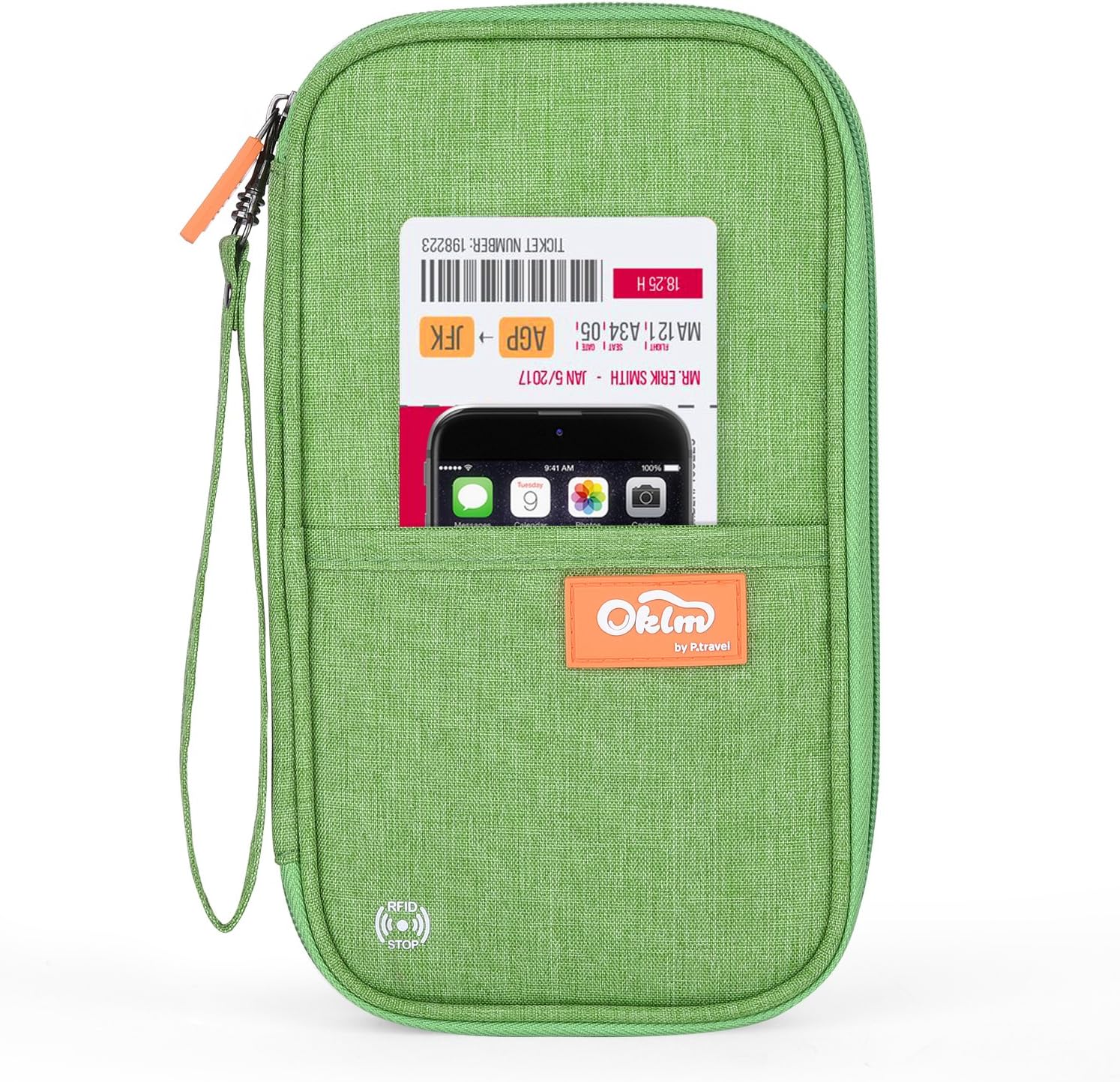 RFID Travel Passport Wallet and Credit Card Holder by FLYNOVA| Small Clutch with Zippered Pockets | Carry Money, Tickets, Documents | Includes Smartphone Pocket (Grass Green)
