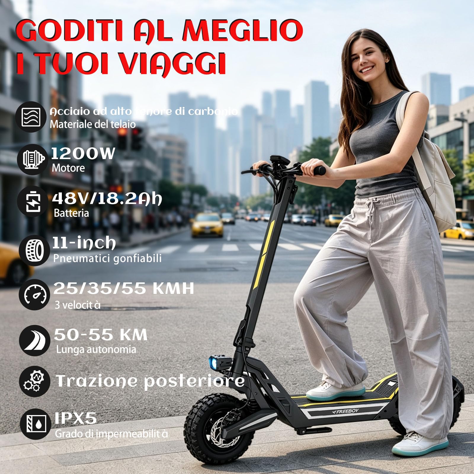 J2max Monopattino Elettrico Adulto,Autonomia di 50-55KM,48v 18.2Ah Batteria,11 Pollici Scooter Elettrico Pieghevole Doppio Freno a Disco e Ammortizzatori,3 Modalità di Velocità,Carico120KG