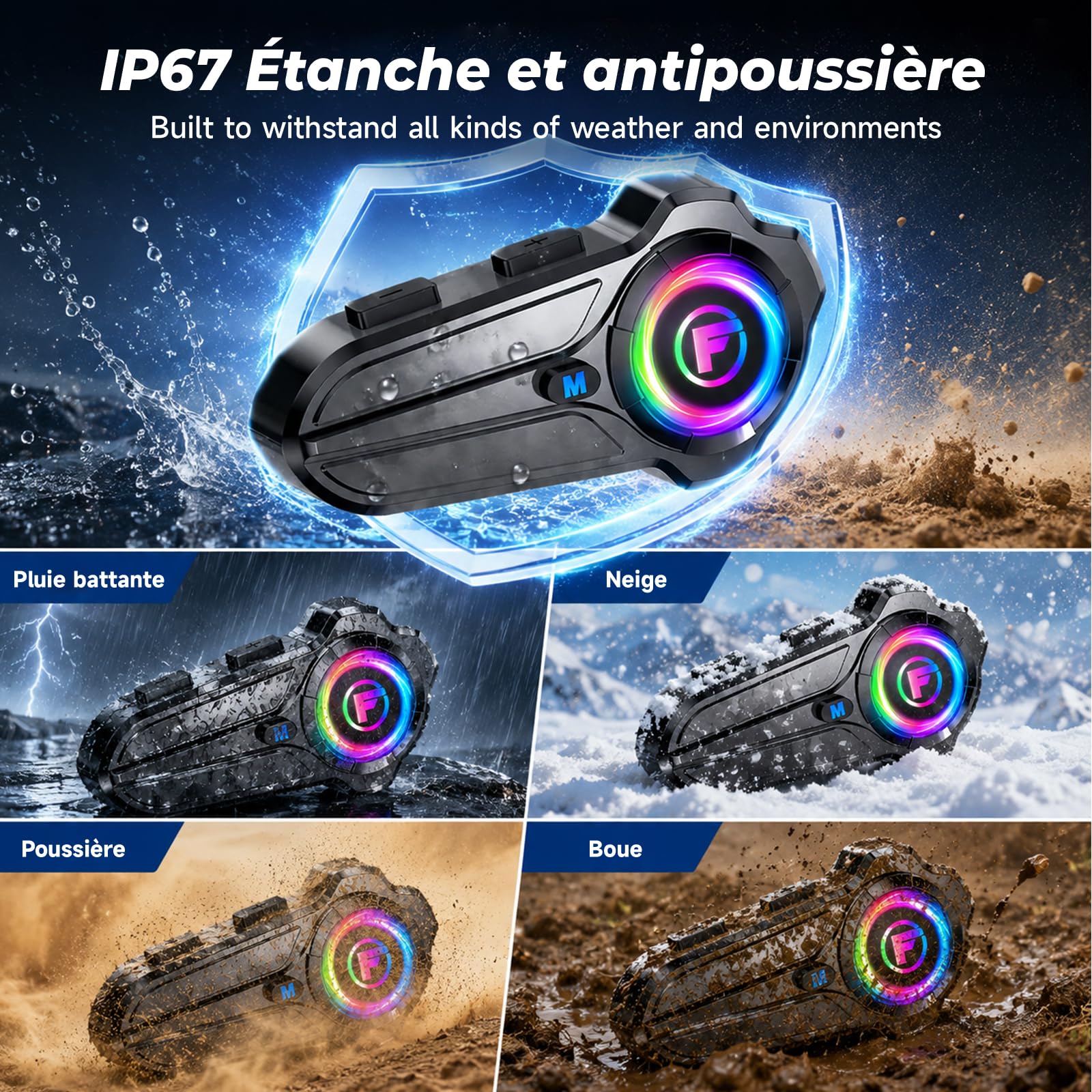 Lot de 2 F10Pro Intercom Moto Duo pour 2 Casques, Interphone Moto Bluetooth 5,3, Appairage Universel, Communication de 1000m, Réduction Intelligente du Bruit, IP67 Étanche, Mains Libres Automatique