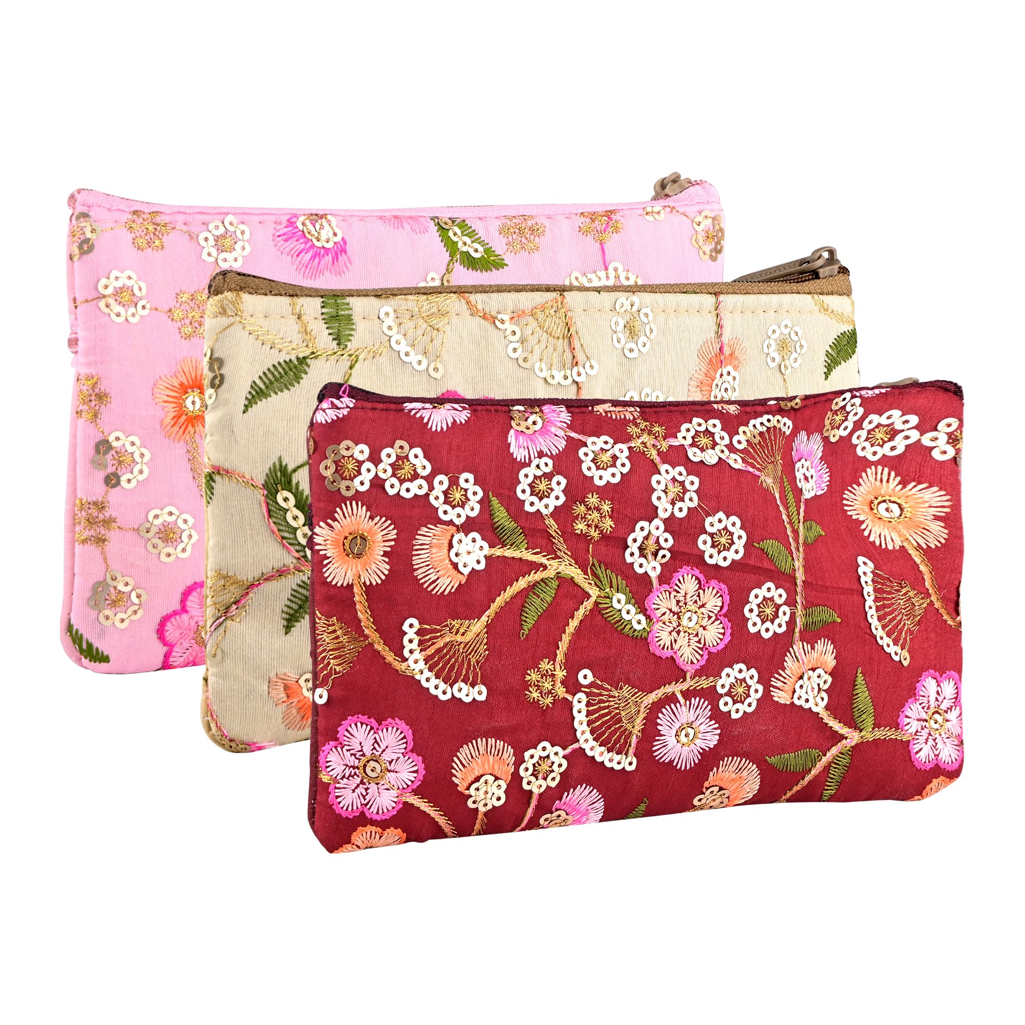 Kuber Industries 3 Pcs Traditional Hand Purse Ladies with Zip | Embroidery Wallet Purse For Women| Return Gift for Ladies | New Flower - Cream, Maroon & Light Pink