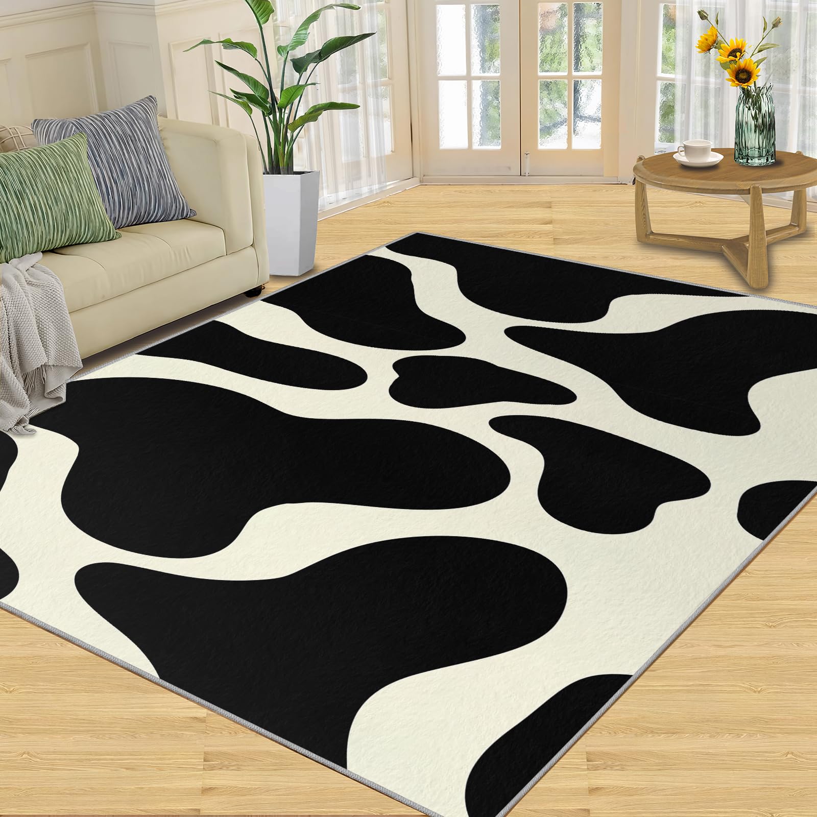 QDJKBL Area Rugs 180 X 270 Cm Cow Animal Black and White Print, European Abstract Medieval Art Large Area Rug, Shock Absorption Carpet Easy to Clean for Bedroom Living Room