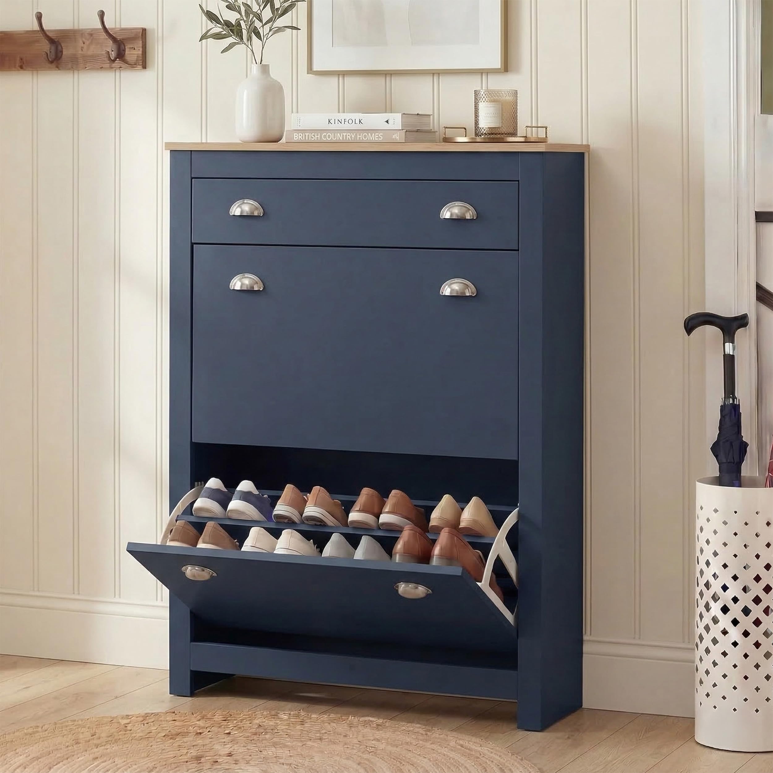 Blisswood Shoe Cabinet with 2 Flip Drawers & 1 Open Storage Drawer, Wooden Shoe Storage Organiser Cupboard Unit, Freestanding Modern Shoes Rack for Entryway Footwear Stand, Hallway Furniture (Blue)