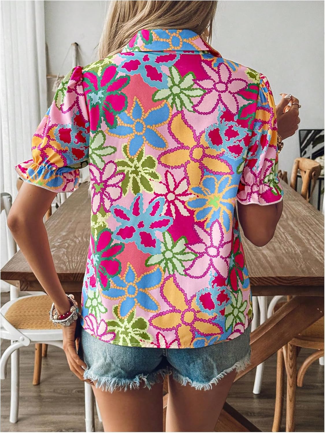 SweatyRocks Women's Floral Print Button Down Blouse Ruffle Short Puff Sleeve Boho Tops - Image 2