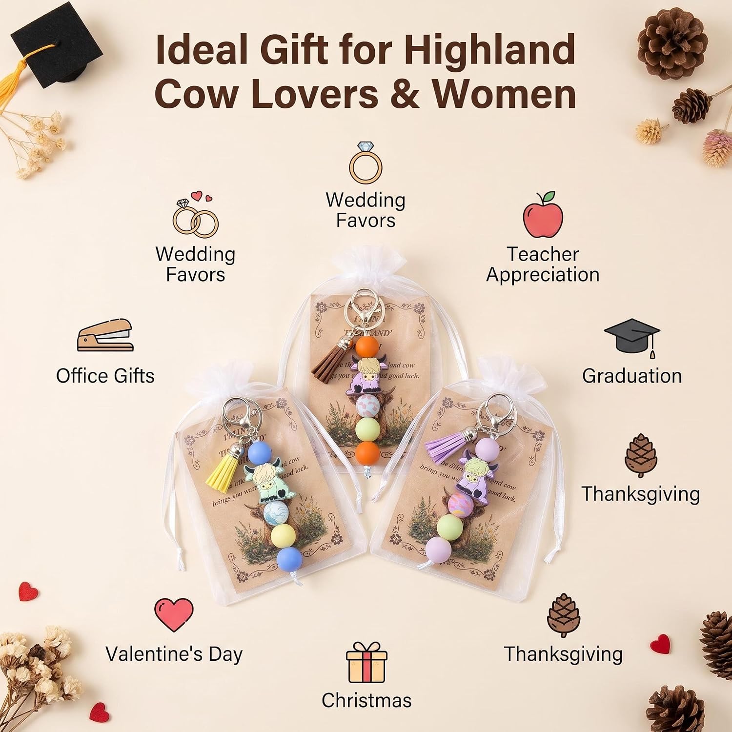 12 Pack Silicone Beaded Keychains Appreciation Gifts for Women