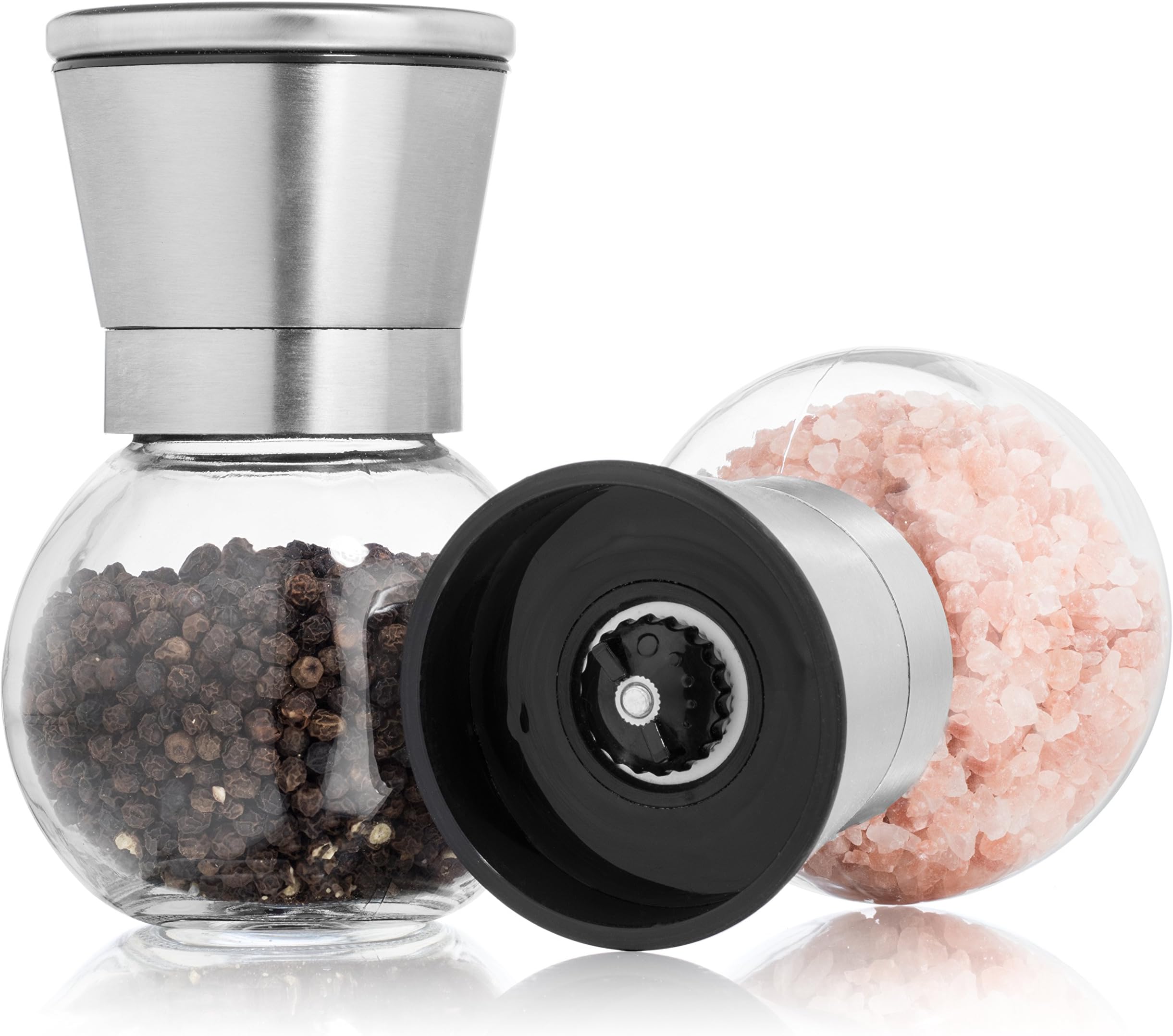 Professional Grade Stainless Steel Salt and Pepper Grinder Set- Salt and Pepper Mill- Spice Grinder- High Quality Lead Free Round Glass Globe Body With Adjustable All Ceramic Rotor By Kitchen Cookery