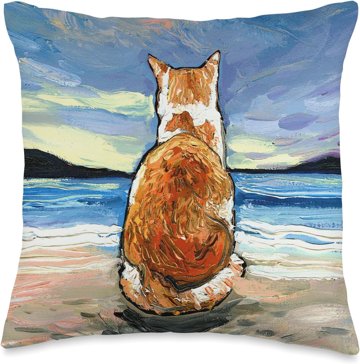 Orange and white Tabby Cat Beach Pet Memorial Artwork Throw Pillow