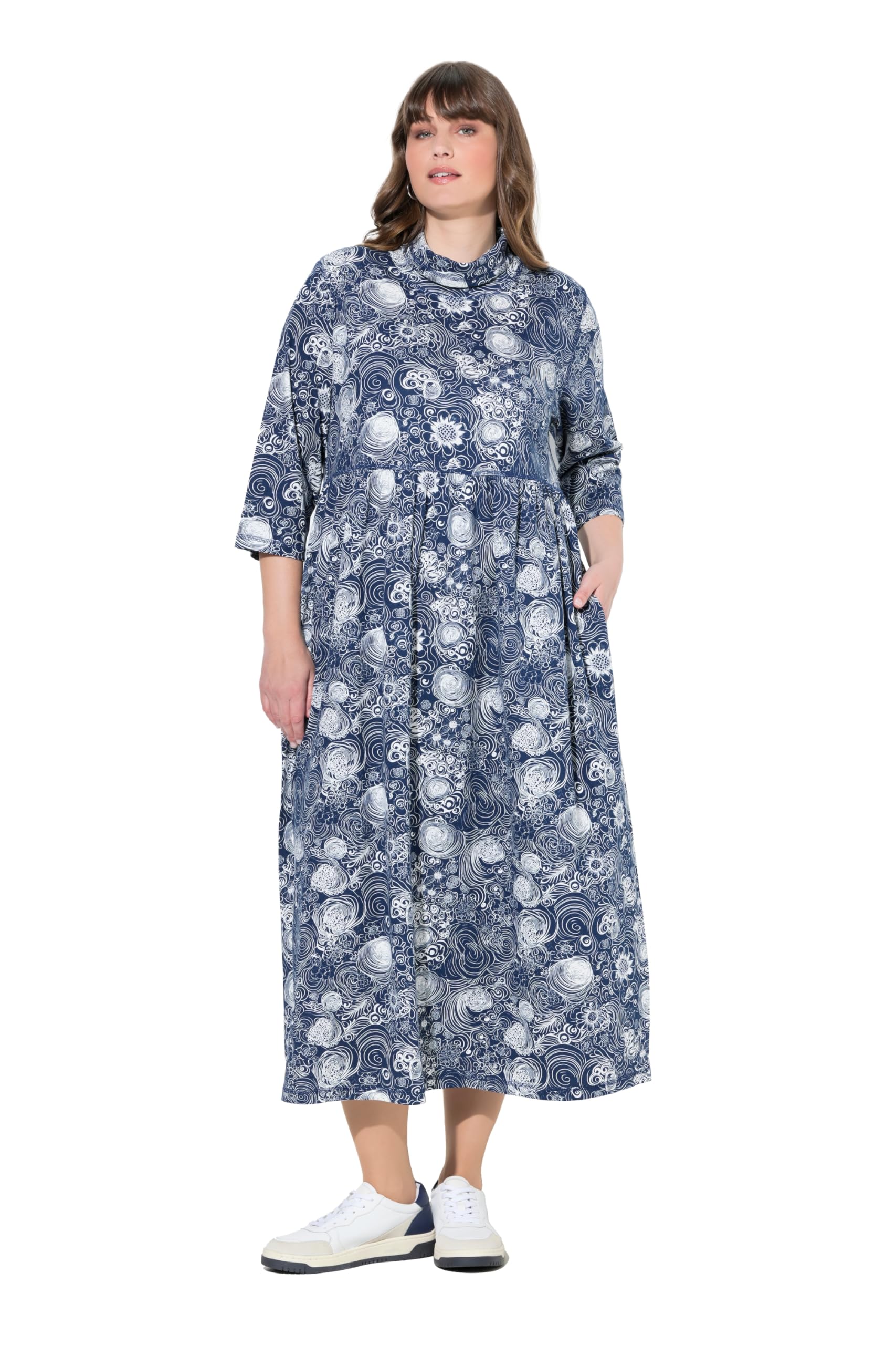 Ulla Popken Damen große Größen Übergrößen Plus Size Jersey-Maxikleid, Stehkragen, 3/4-Arm, Taschen 843859