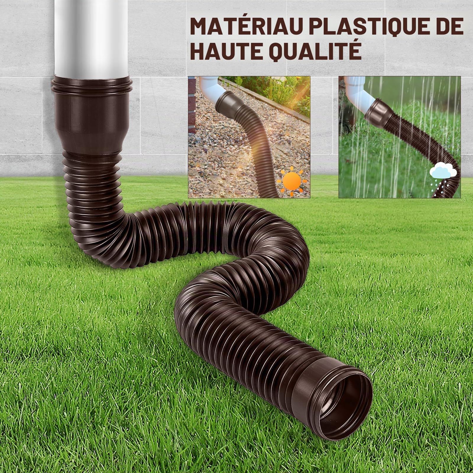 Extension de gouttière flexible, ronde, pour tuyau de descente de 80/100 mm, extensible de 47 à 150 cm, 2 pièces (brun)