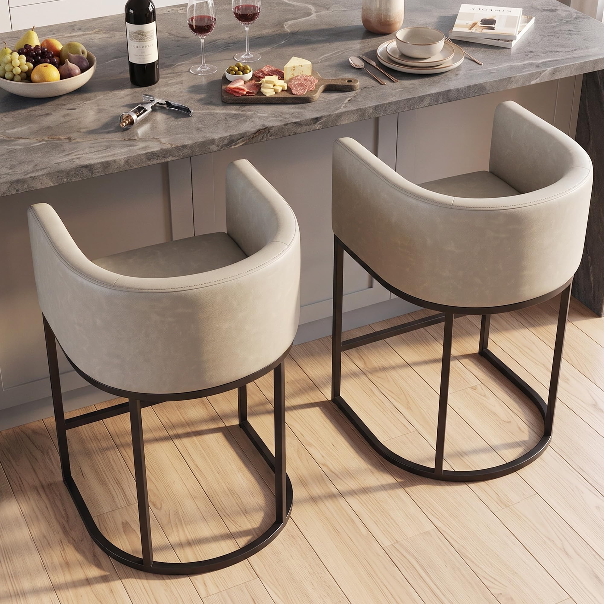 Counter Height Bar Stools Set of 2, Modern Counter Stools for Dining Room, 24 Inch Barstools for Kitchen Island, Faux Leather Bar Stool with Metal Legs and Back Footrest, Greige(White)