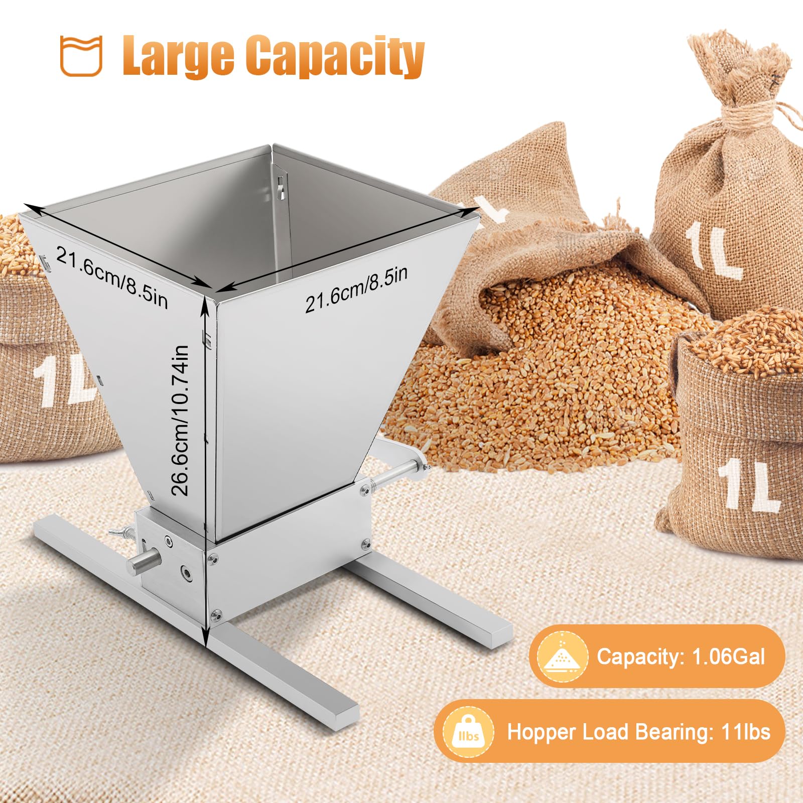 Manual Grain Crusher Malt Mill, Malt Crusher Brewer w/2 Adjustable Bearing Roller & Hopper, Stainless Steel Grinder Mill for Home Brew