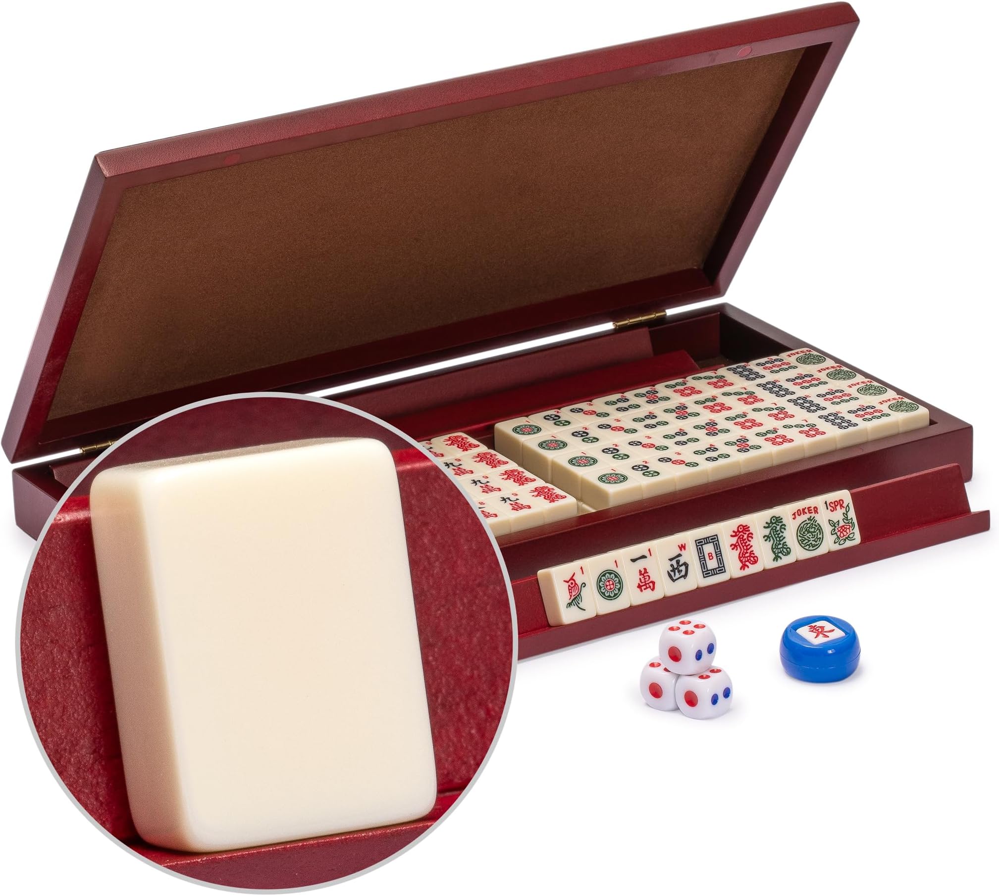 Yellow Mountain Imports American Mahjong Set, Mini Classic Tiles with Portable Vinyl Case - Four Wooden Racks, Dice, & Wind Indicator