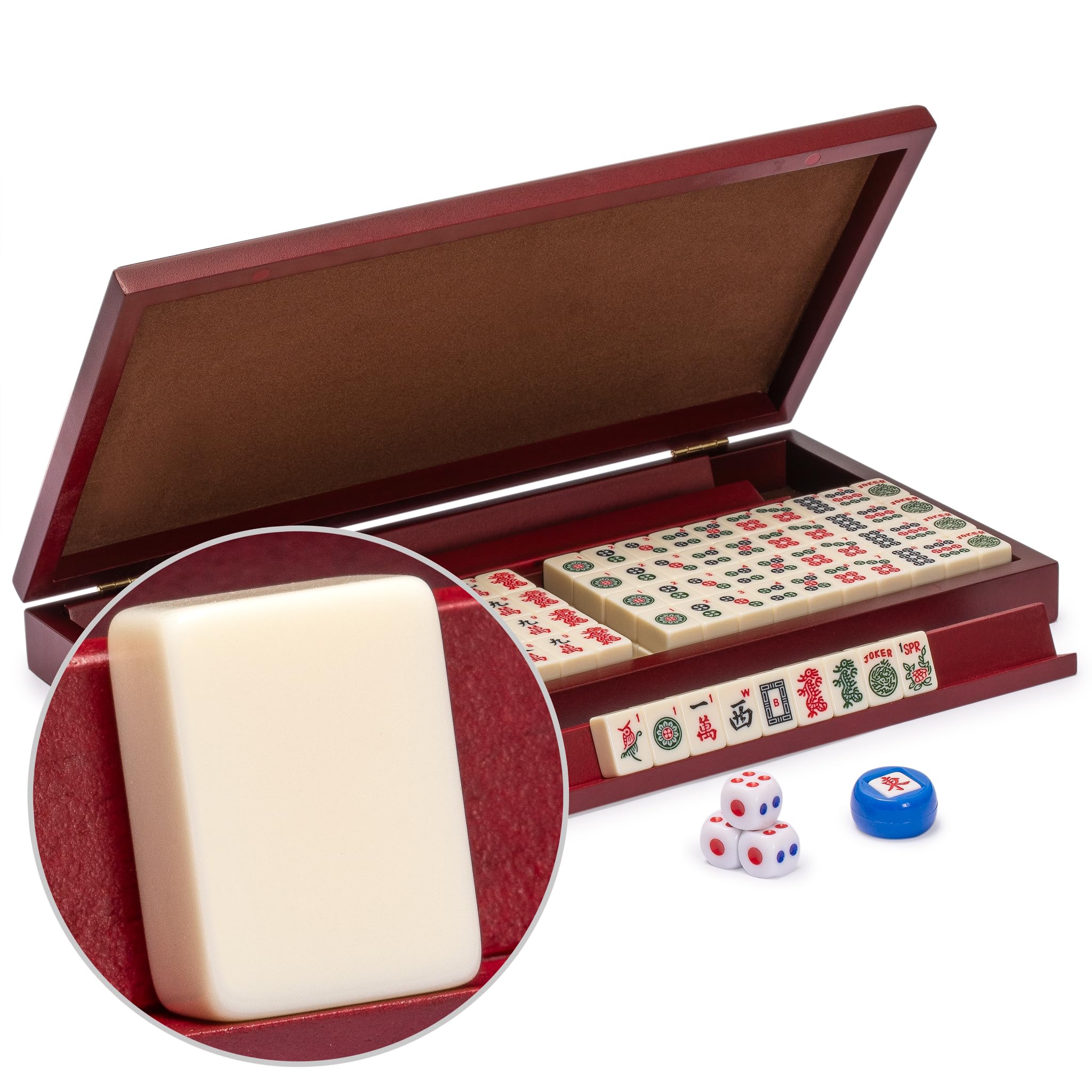Yellow Mountain Imports American Mahjong Set, Mini Classic Tiles with Portable Vinyl Case - Four Wooden Racks, Dice, & Wind Indicator