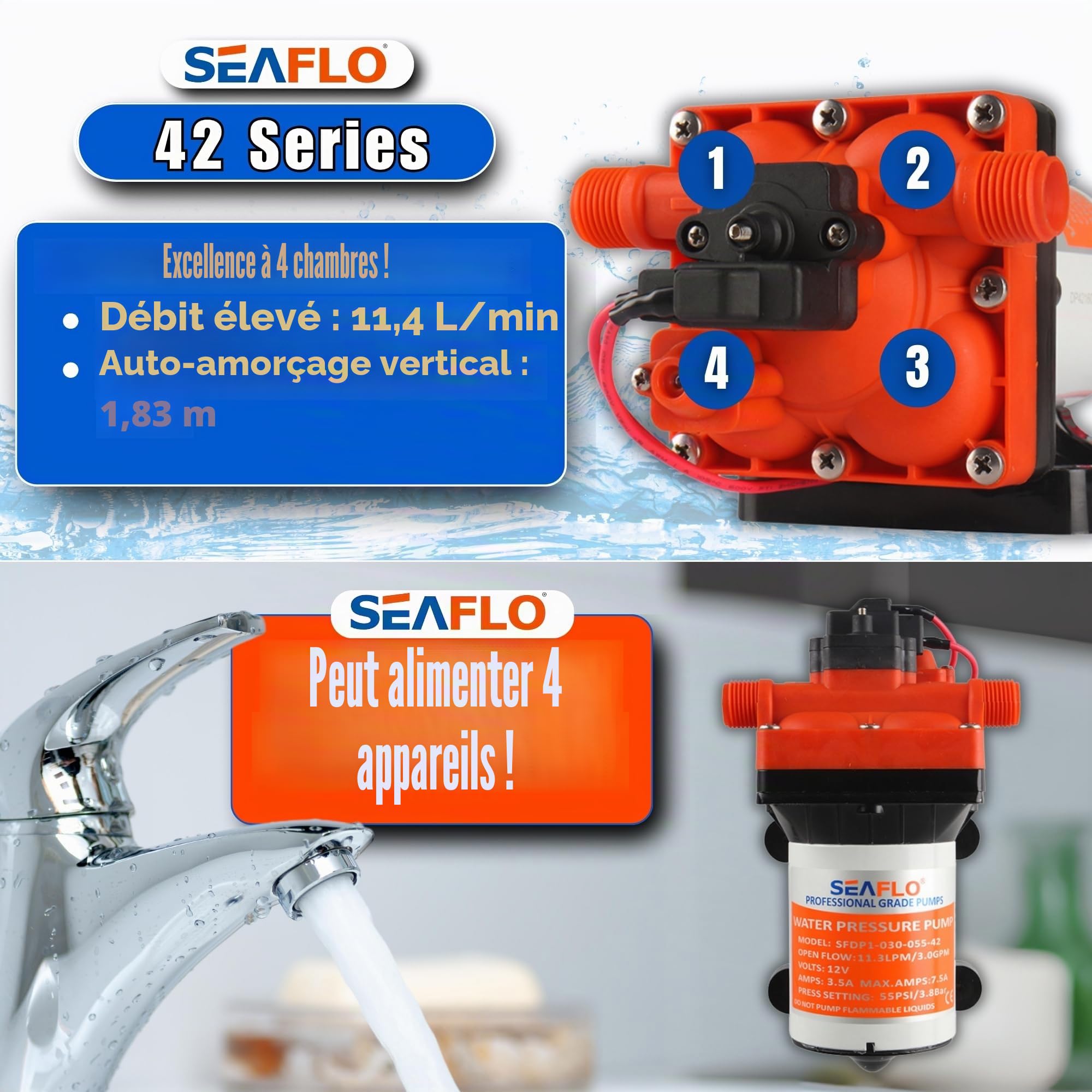 Seaflo Pompe à membrane série 42 avec dérivation pour vélo réduit 12 V/24 V 3,0 GPM 55 PSI (12 V)