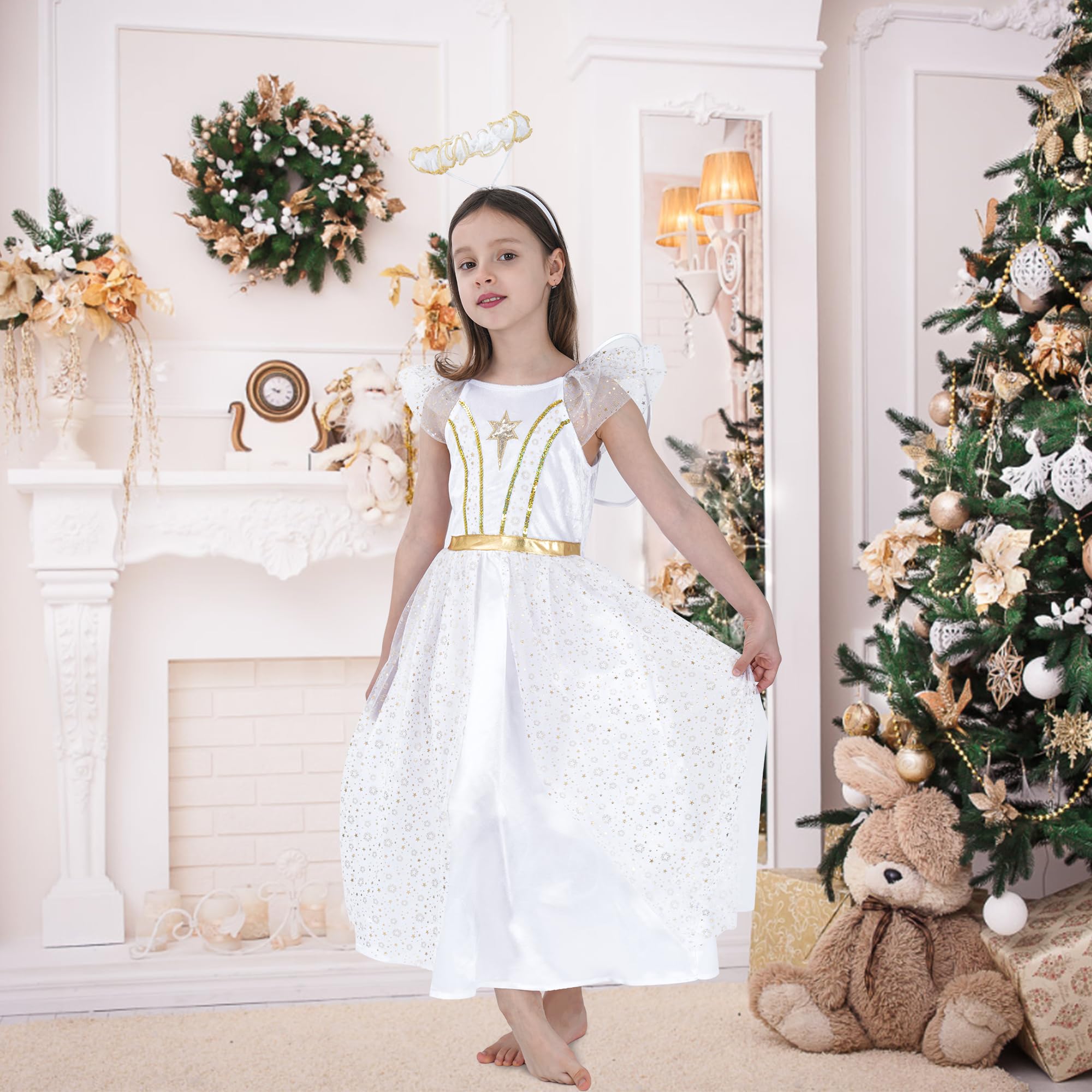 Wizland Glimmering Elegance Girls' White Angel Costume with Golden-Accented Halo and Wings - Image 2