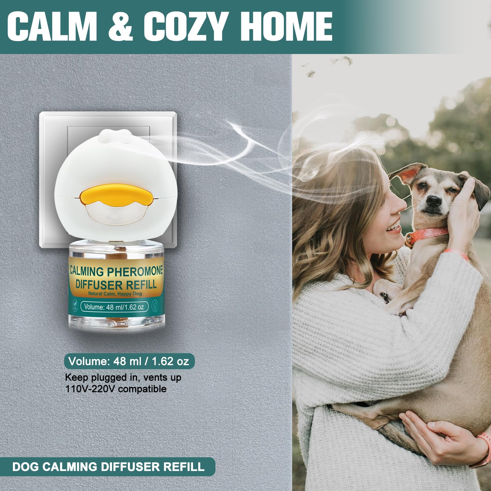 Kit Diffusore di Feromoni Calmanti per Cani, 2 Diffusori + 4 Ricariche, Riduce Ansia e Stress, Calma Naturale per Temporali e Traslochi, Giallo | Formula sicura e naturale, senza farmaci Riproduce i feromoni calmanti di una cagna in allattamento