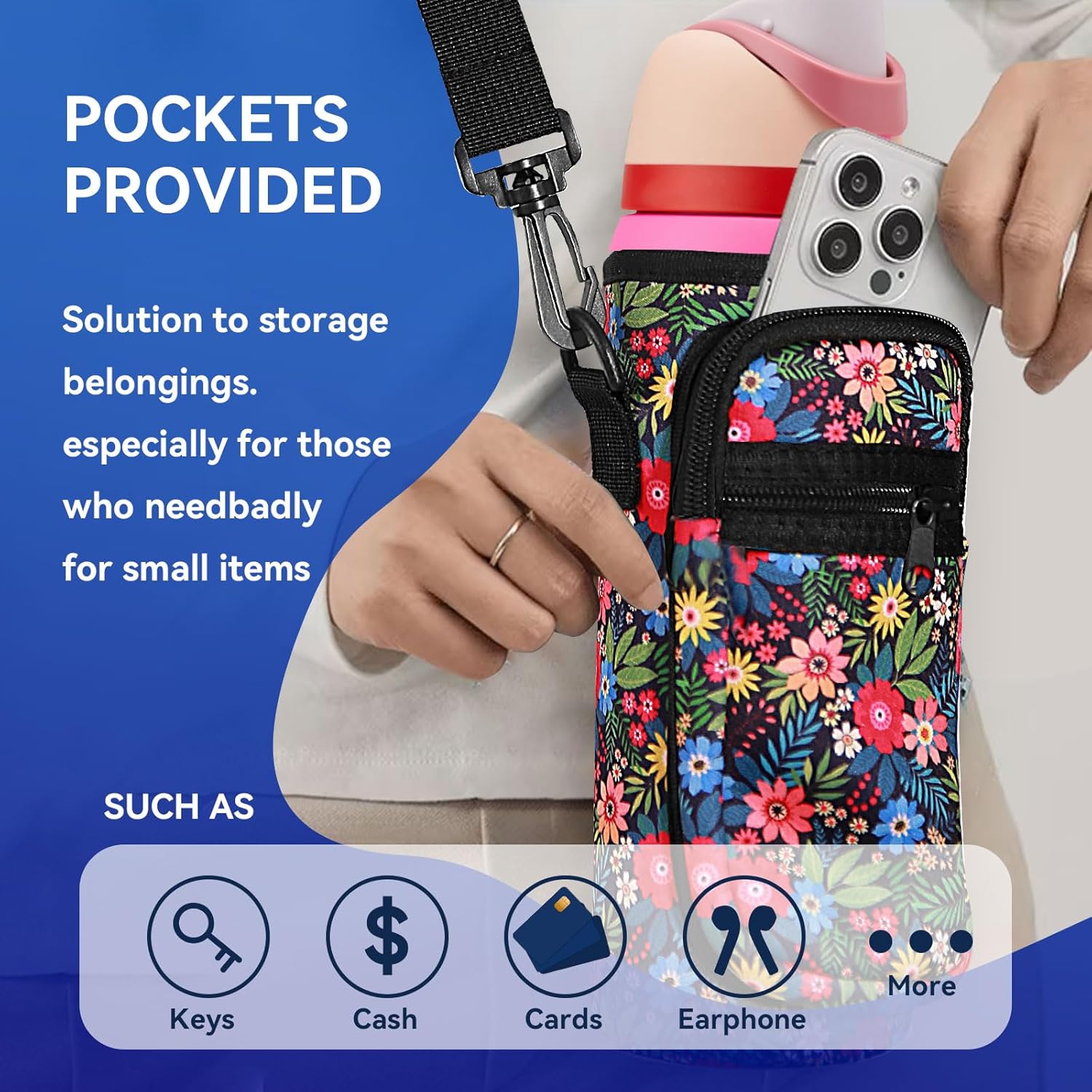 Neoprene Water Bottle Holder Bag with Cell Phone Pocket Compatible with Owala FreeSip 24 oz,Water Bottle Carrying Bag ,with Adjustable Shoulder Strap,for 24oz Stainless Steel Water Bottle - Image 3