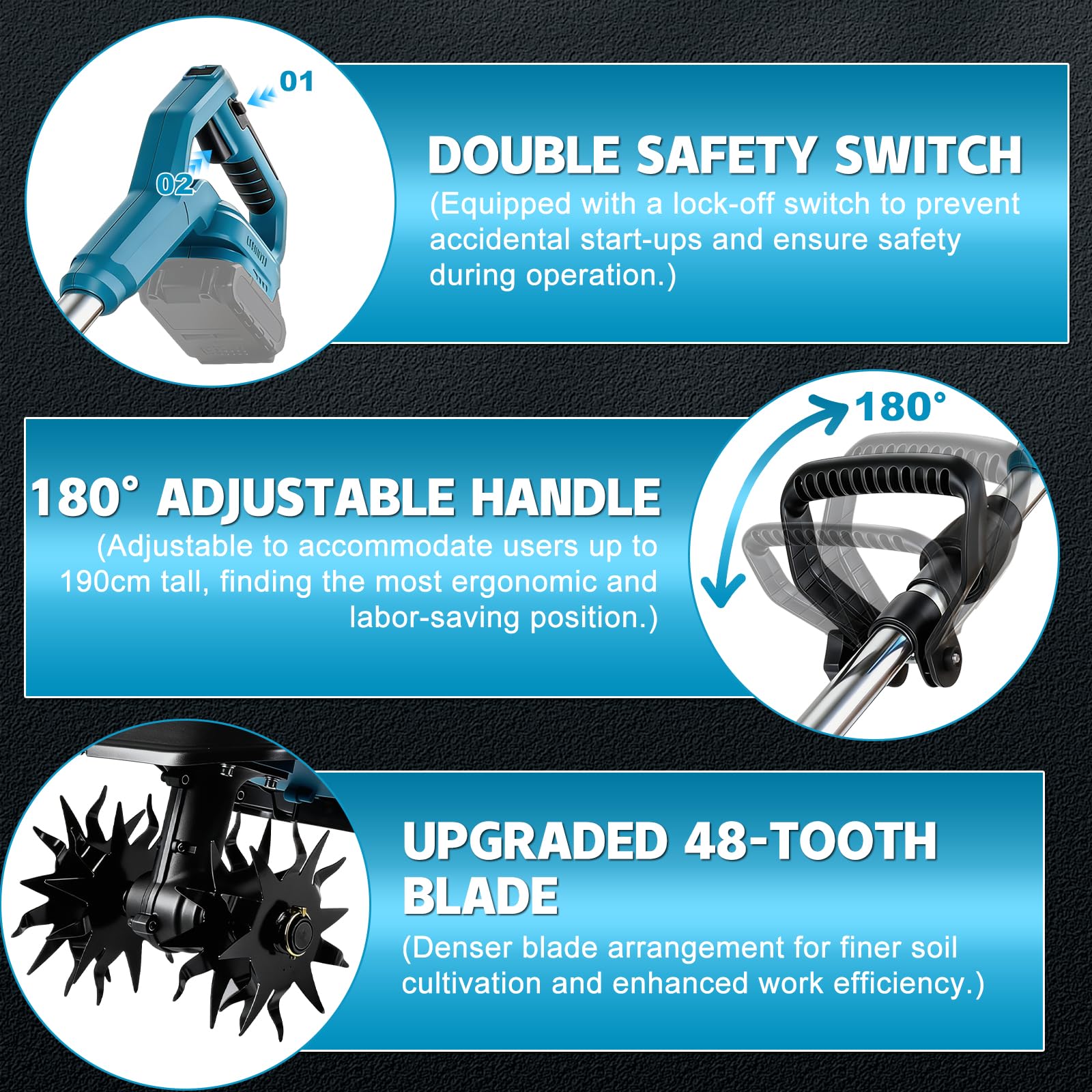 Motoazada Electrica Compatible con Makita 18V Batería, Motocultor Baterías inalámbrico, Ancho de Trabajo de 20 cm, de Trabajo 15 cm, Mango Plegable, Motocultor para Jardín Huerto Césped (sin batería)