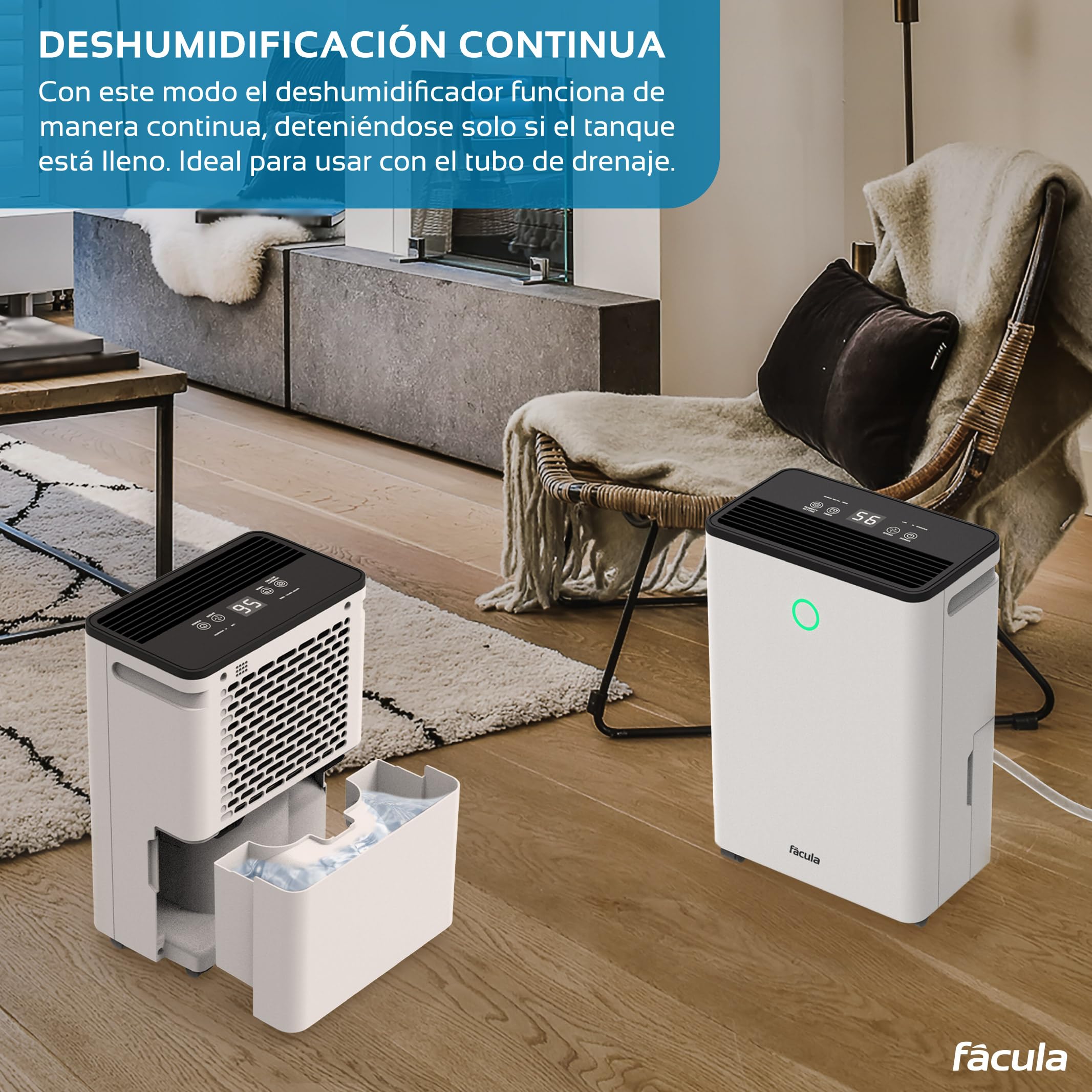 facula - Deshumidificador Bora 12L | Modo Auto | Modo Inteligente | Temporizador 1-24h | Función Drenaje Continuo