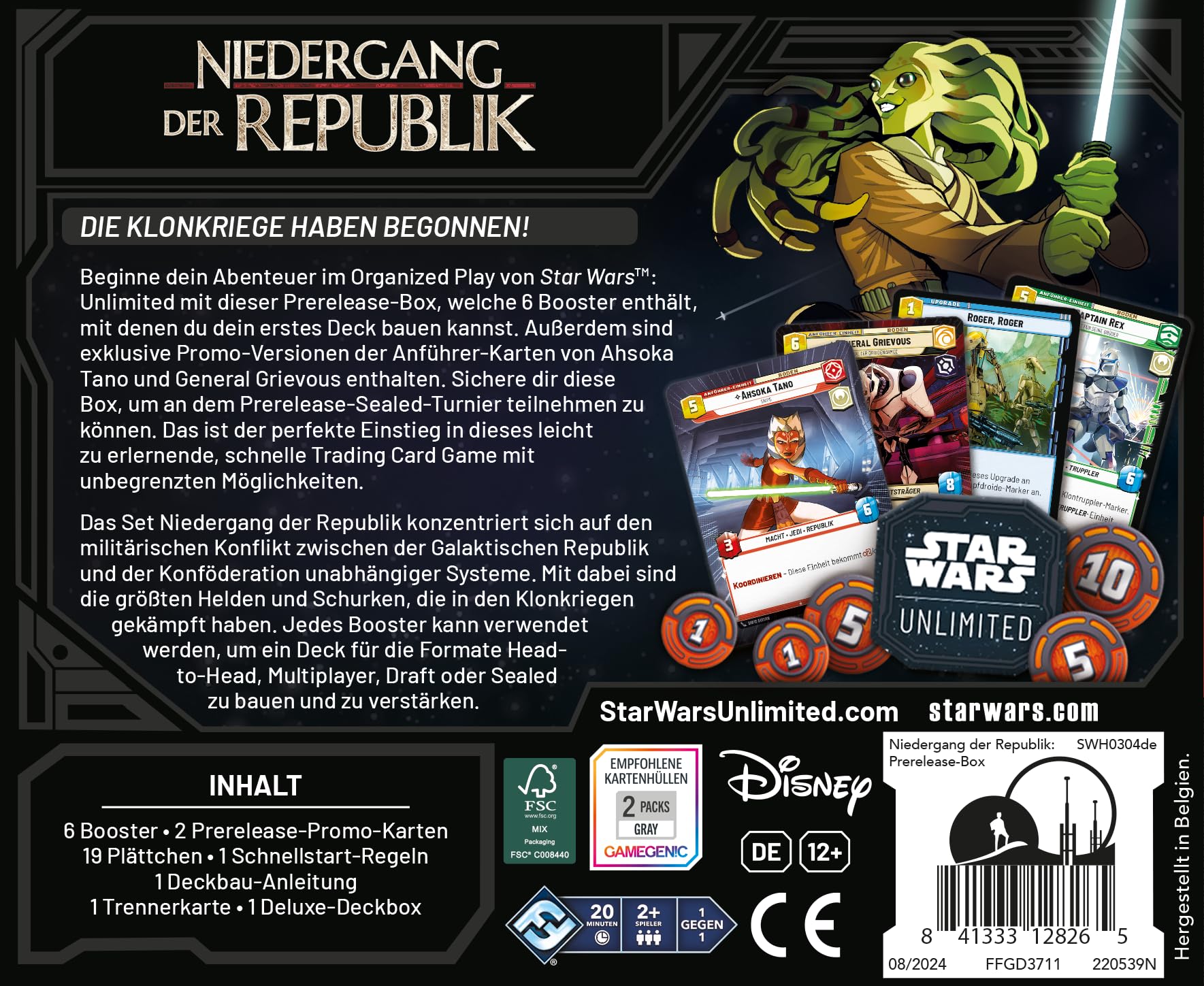 Fantasy Flight Games - Star Wars: Unlimited TCG Niedergang der Republik PRERELEASE-BOX – Starte dein Abenteuer in die Klonkriege! Enthält 6 Booster-Packs, Alter 12+, 2+ Spieler, 20 Minuten, Deutsch