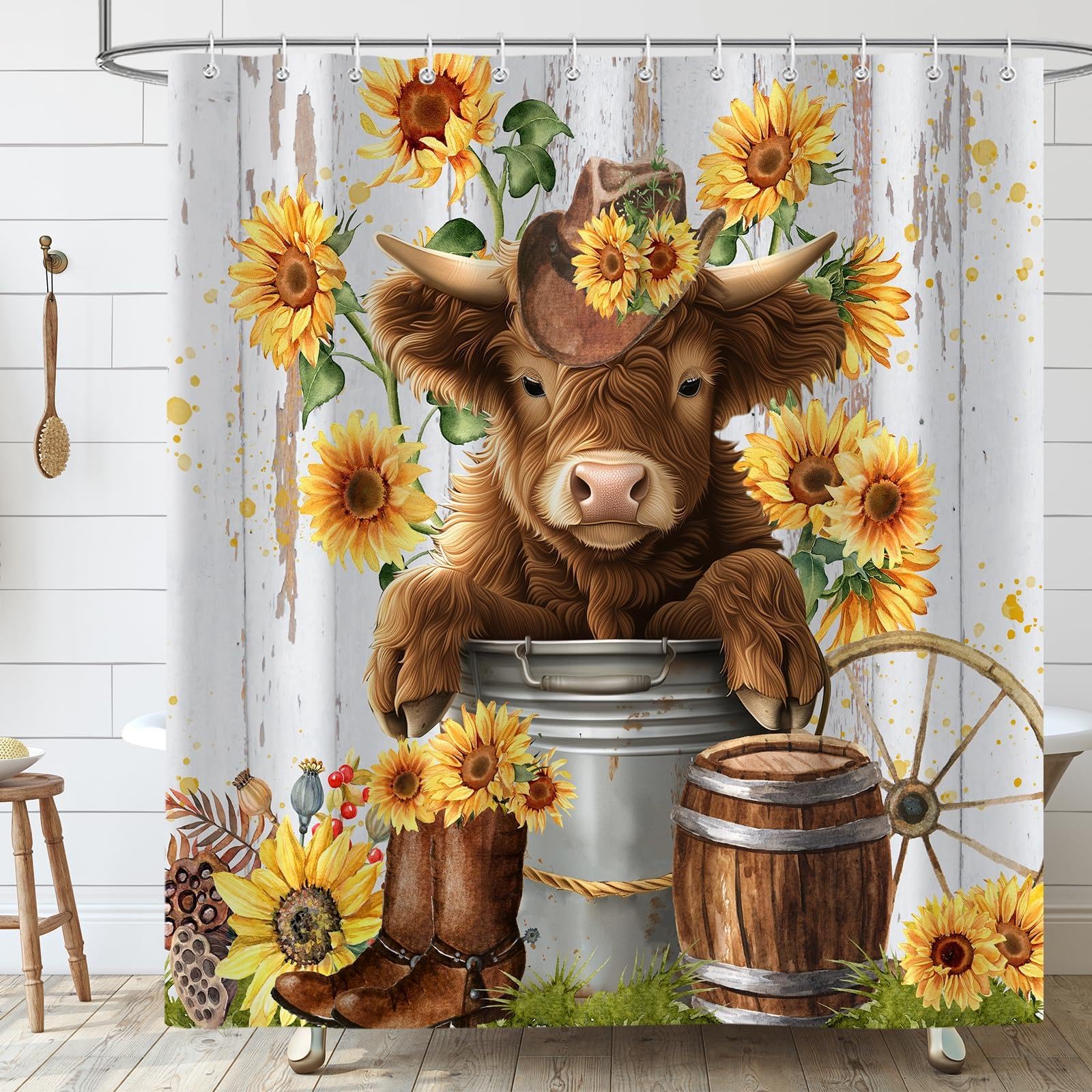 Zasłona prysznicowa w stylu krowy w stylu Highlands 190 x 215 cm zachodnie buty kowbojskie rustykalne słonecznik zabawny kubeczek tkanina kwiatowa zasłona łazienkowa z haczykiem