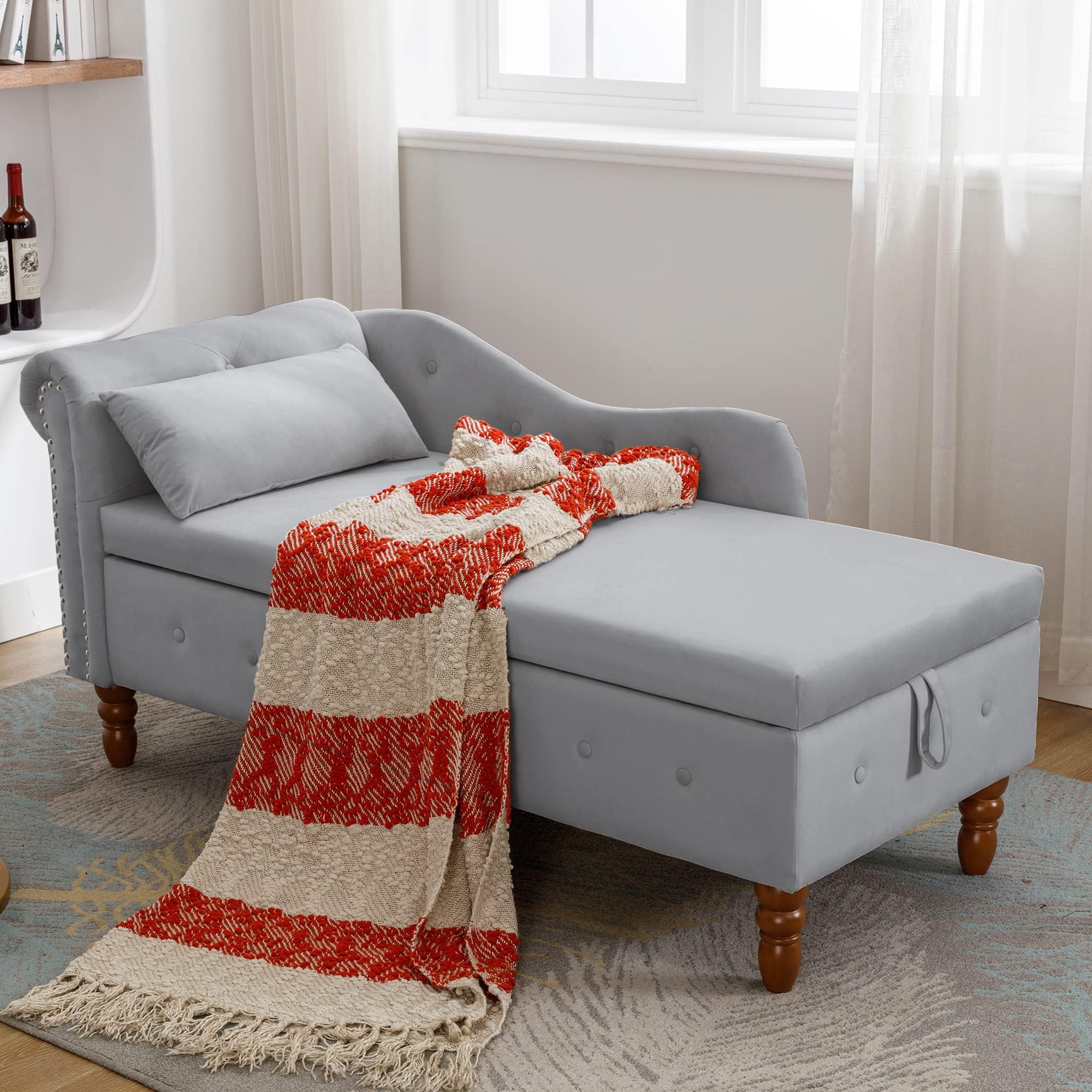 Chaise Lounge Chair Indoor Velvet Bedroom Lounge Chair with Storage & Pillow Modern Upholstered Chaise Lounge with Nailhead Trim Sleeping Long Chair for Living Room Office, Grey