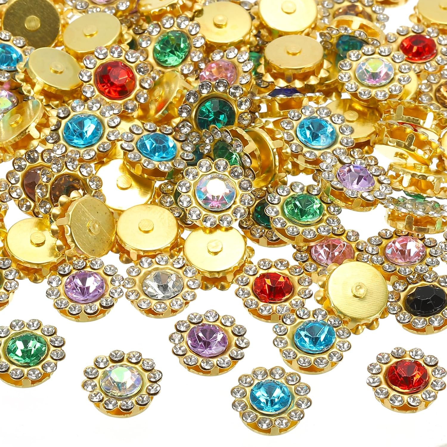 PATIKIL 12 mm Flower Claw Sew on Pearls Rhinestones,100Pcs Crystals Glass Metal Base Flower Claw Gems Crystals for DIY Crafts Shoes Dress Clothes Earring Belt Sewing Accessories,Multicolor