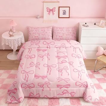 Feelyou Cute Pink Bow Bedding Set Kawaii Bowknot Comforter Set for Kids Boys Girls Princess Style Comforter Girly Dreamy Quilt Set Bedroom Collection 3Pcs Full Size