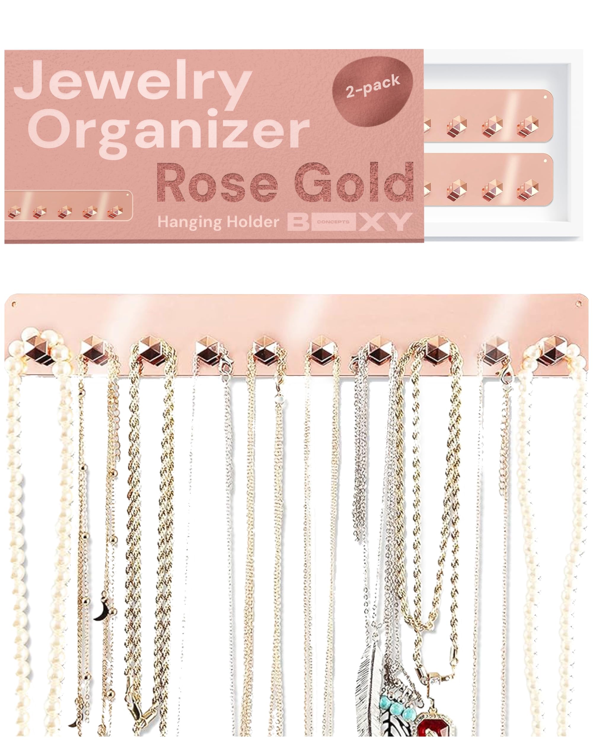Boxy Concepts Necklace Organizer - 2 Pack Easy Install 10.5 x1.5 Hanging Clear Holder Wall Mount with 10 Necklace Hooks For Bracelets, Earrings, and Keys - Jewelry Organizers and Storage