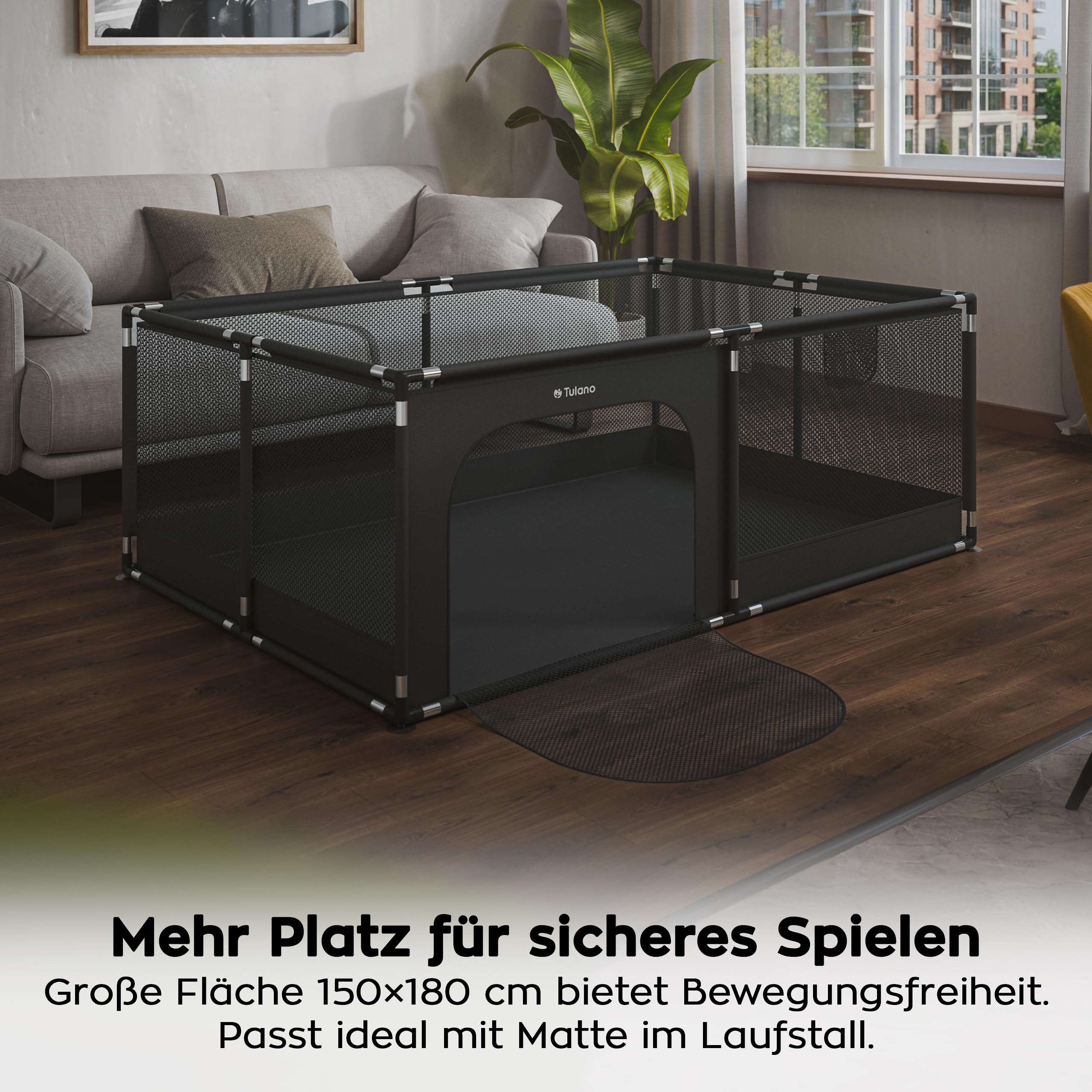 Tulano Cozy 22 Laufstall Baby 120x180 cm mit Bodenmatte – Faltbarer Spielbereich für Babys 6 bis 36 Monate – Atmungsaktiv – Sicher – Mit Tasche – Reise Laufgitter – Indoor Outdoor – Graphite