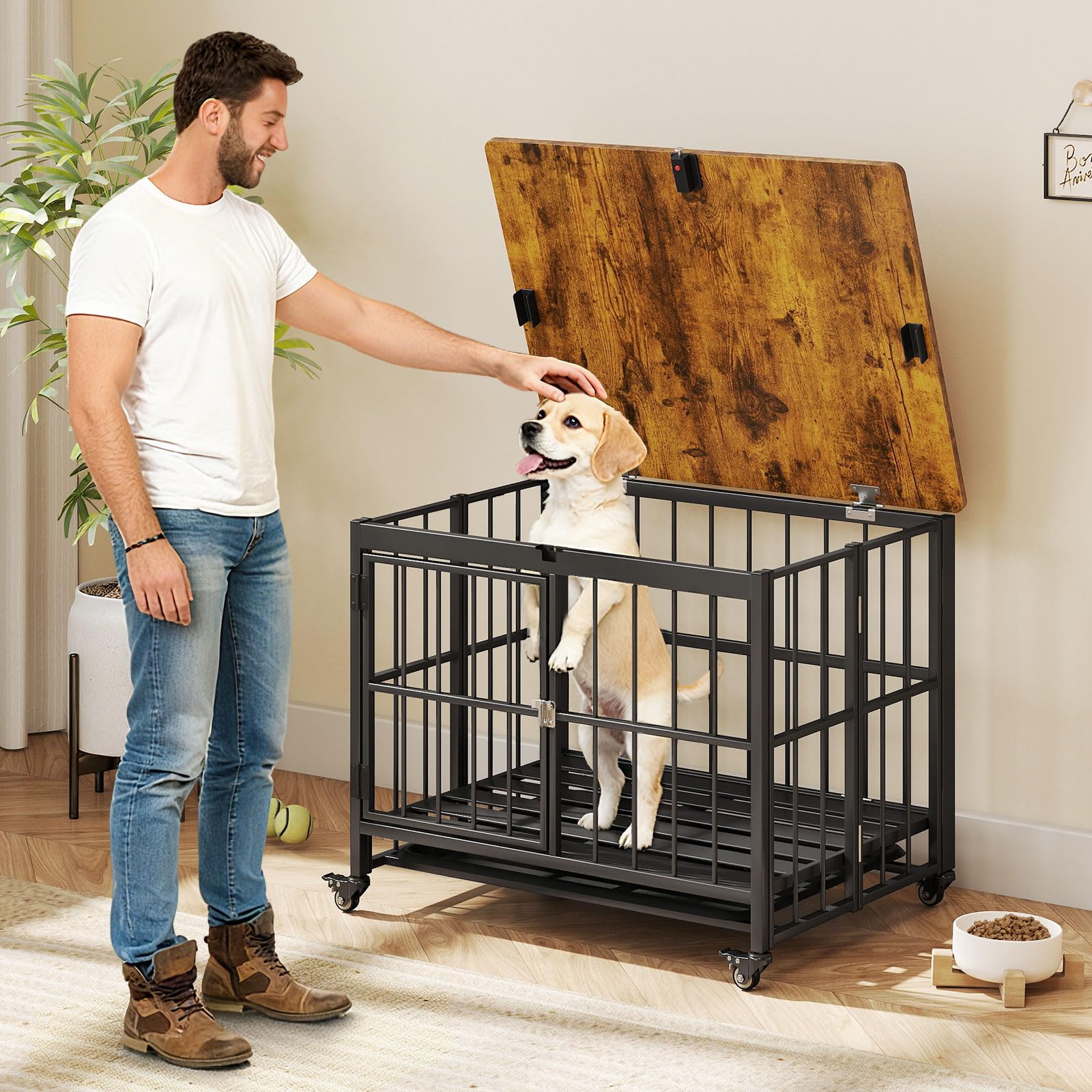 COSTWAY Jaula Plegable para Perros, Casa para Perros con Puerta, Ruedas Bloqueables y Bandeja Extraíble, Ahorra Espacio, Mueble de Madera para Perro con Estructura Metálica de Interior (80x61x64 cm)