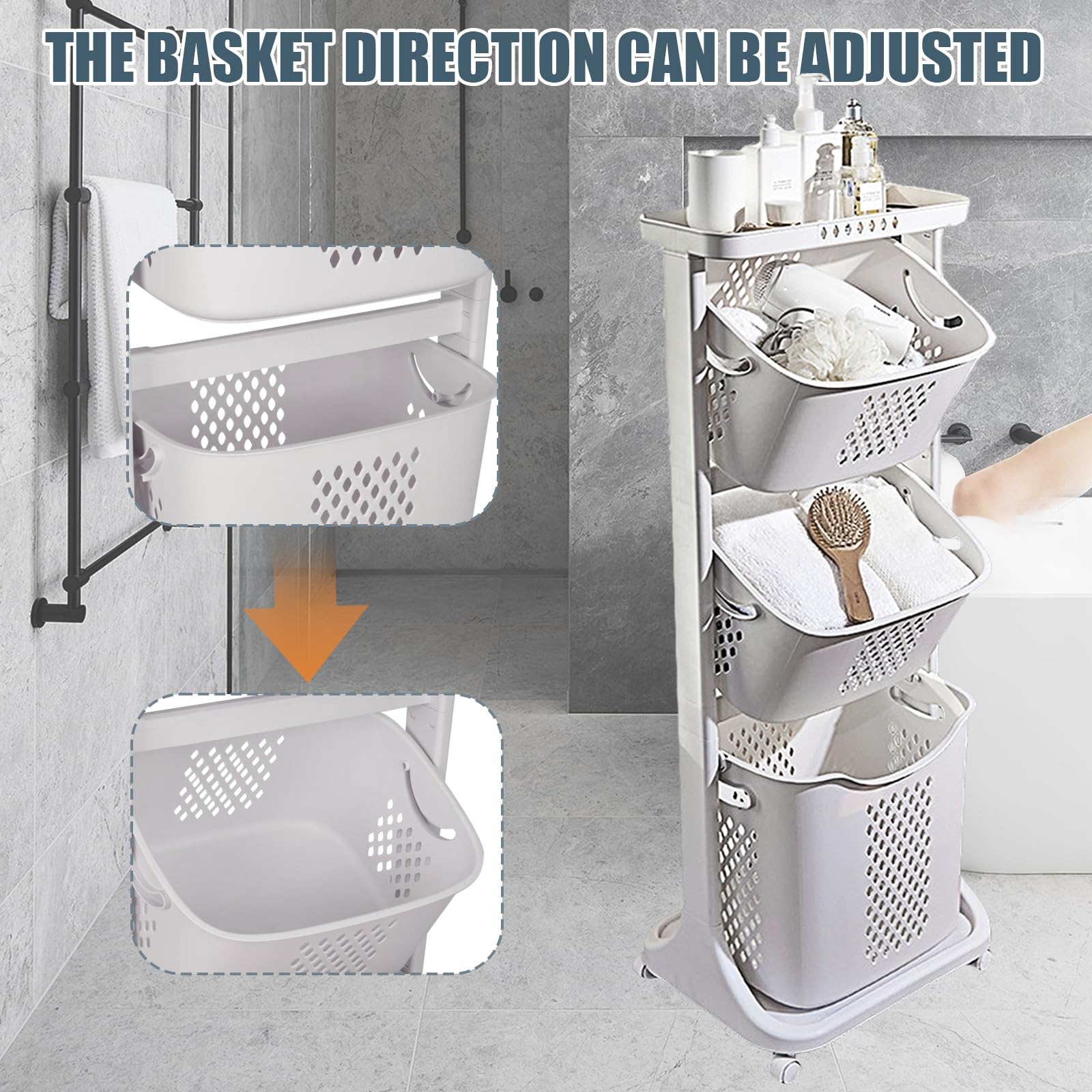 Cesto portabiancheria, Carrello portaoggetti da cucina, Cestino per biancheria con 3 cestini rimovibili, con ruote, moderno, speciale per bagno e lavanderia, per giocattoli, 44 x 33 x 110 cm (1 pezzo