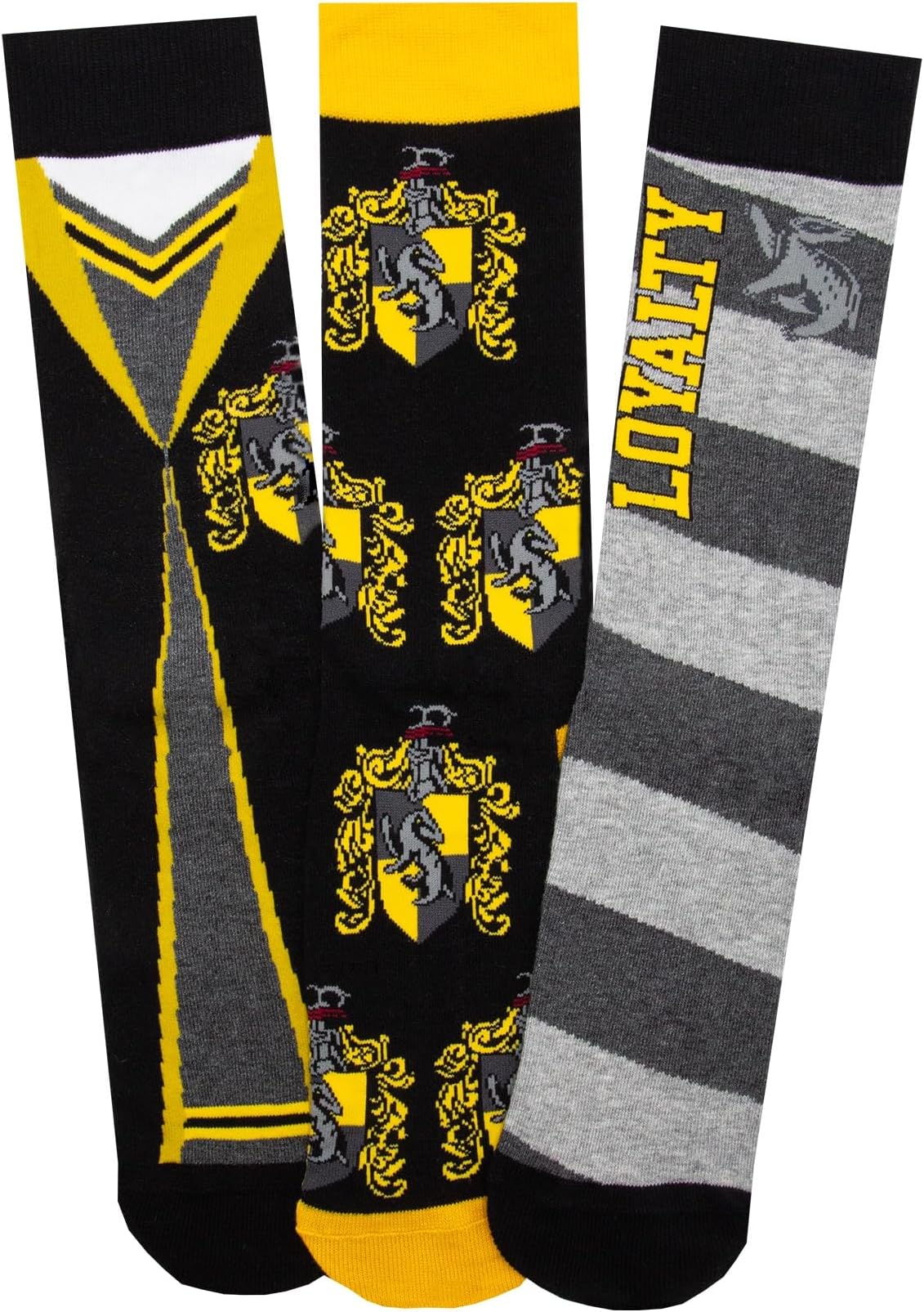 Hufflepuff Socks 3-Pack Adult - Hogwarts Crest, Yellow Mix - Casual Crew Socks - Wizarding World Merchandise