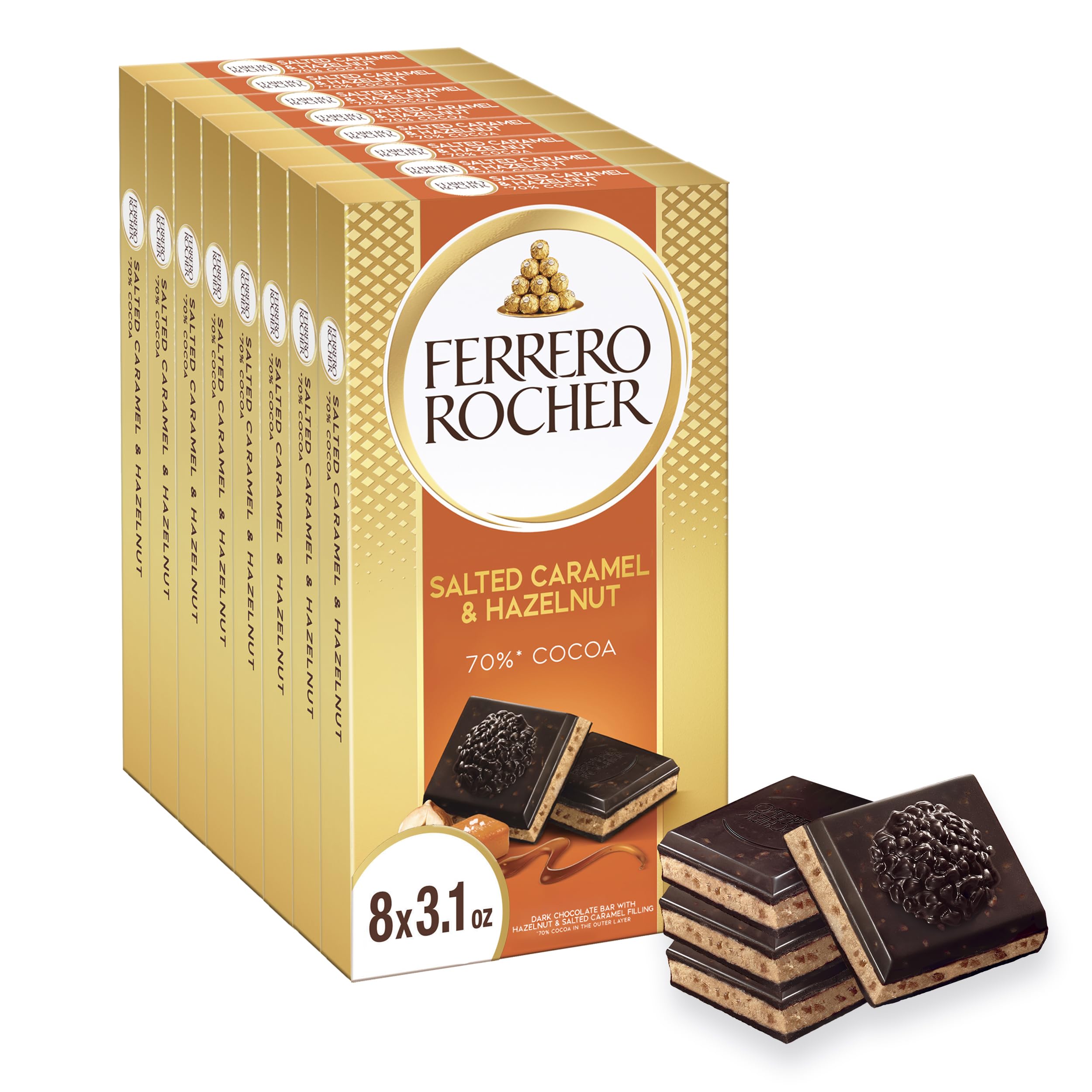 Ferrero RocherPremium Chocolate Bar, 55% Dark Chocolate Hazelnut & Crunchy Salted Caramel, 8 Count, ​3.1 oz