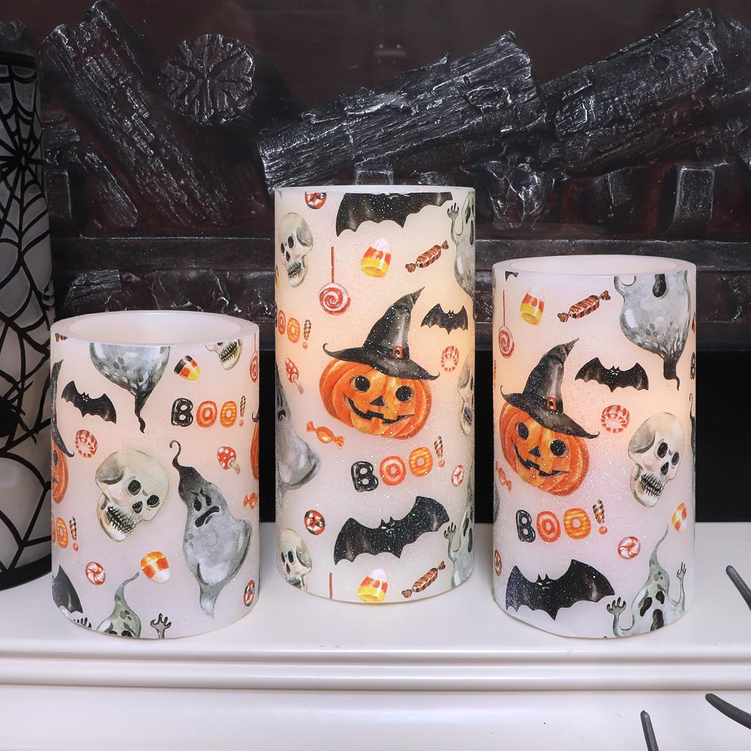 Halloween Ghost Flameless Candles with Remote Timer Cute Cartoon Pumpkin Skull Bat Battery Operated Real Wax Flickering LED Pillar Candle Horror Spooky Decoration for Halloween Home Party House Gifts