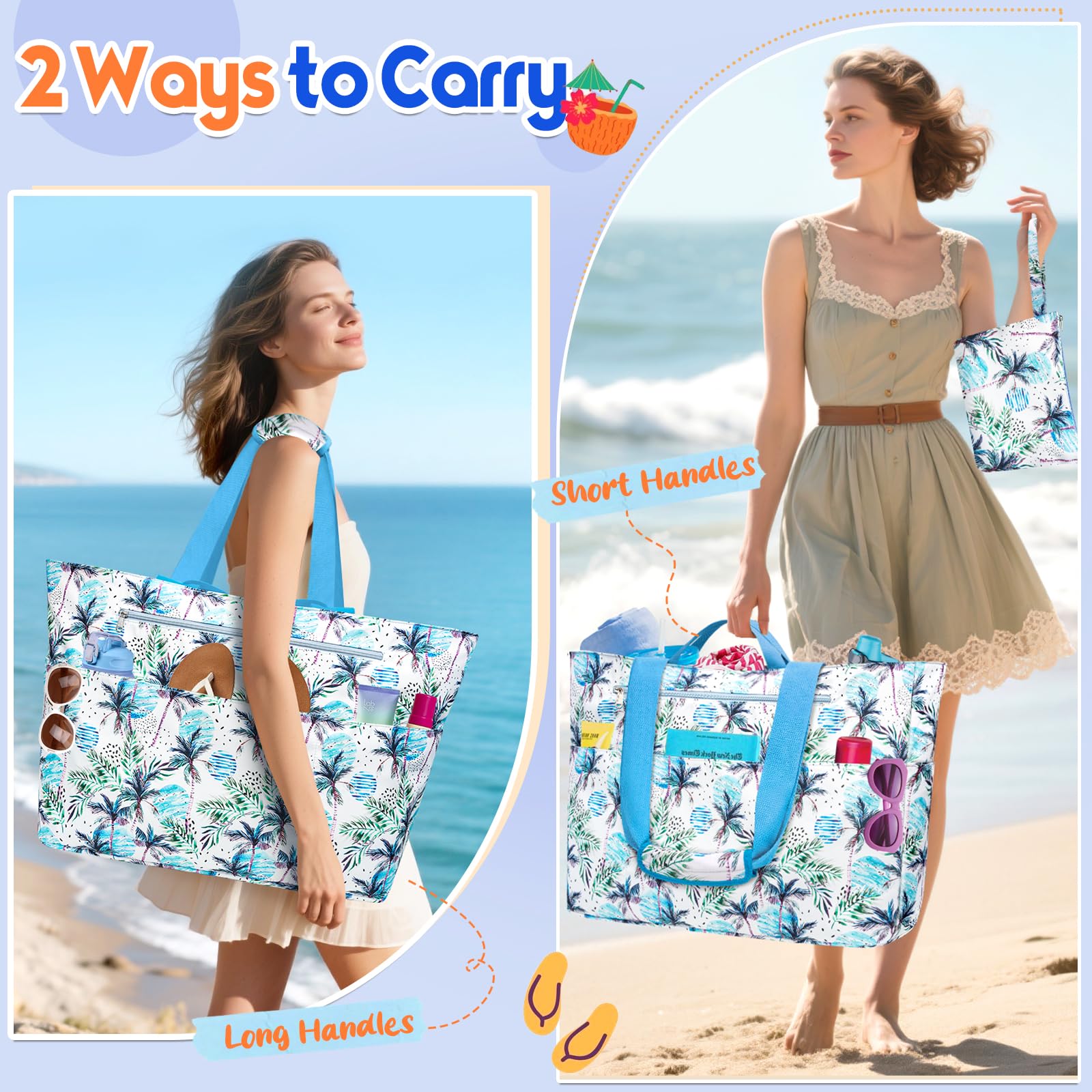 Grande Sac de Plage XXL Famille 50L Imperméable Sac de Voyage Femme avec Fermeture Éclair Pliable Sacs Cabas de Plage avec 14 Poches Beach Tote Bag Sacs a Main pour Gym Shopping