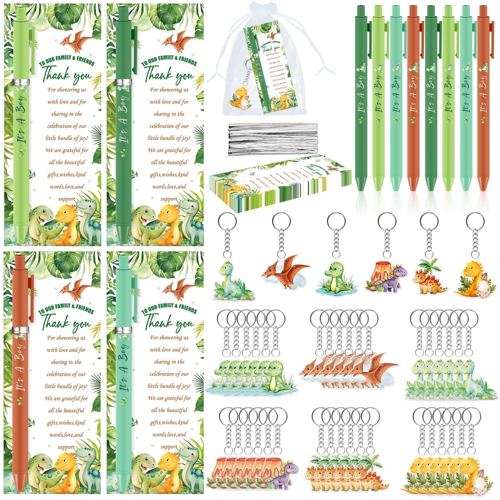 YLOLUL 180 Pcs Dinosaur Baby Shower Favors for Guest It's a Boy Retractable Ballpoint Pens Dino Keychains Favors and Greeting Cards Bulk Gender Reveal Souvenirs Prize Game Gender Reveal Supplies