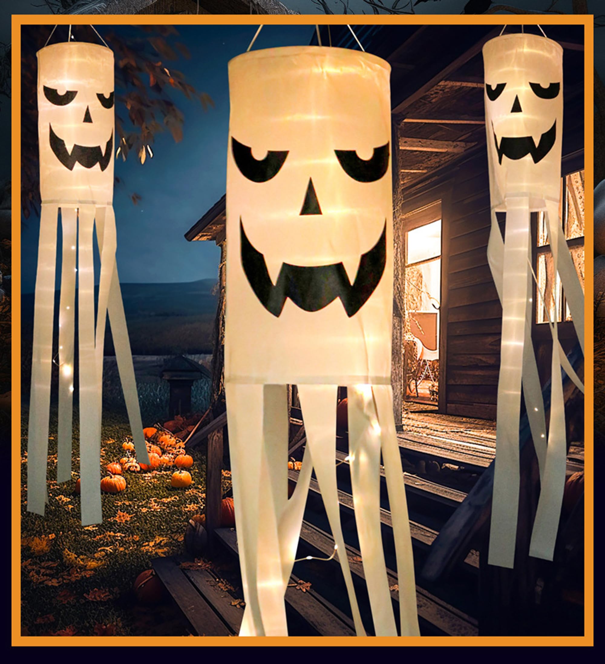 175CM Halloween Decoracion de Fantasma,Decoración Halloween Cráneo Colgante,Bandera Fantasma con Luces LED Decoración Halloween para la Fiesta de Halloween Vacaciones, Exterior, Patio