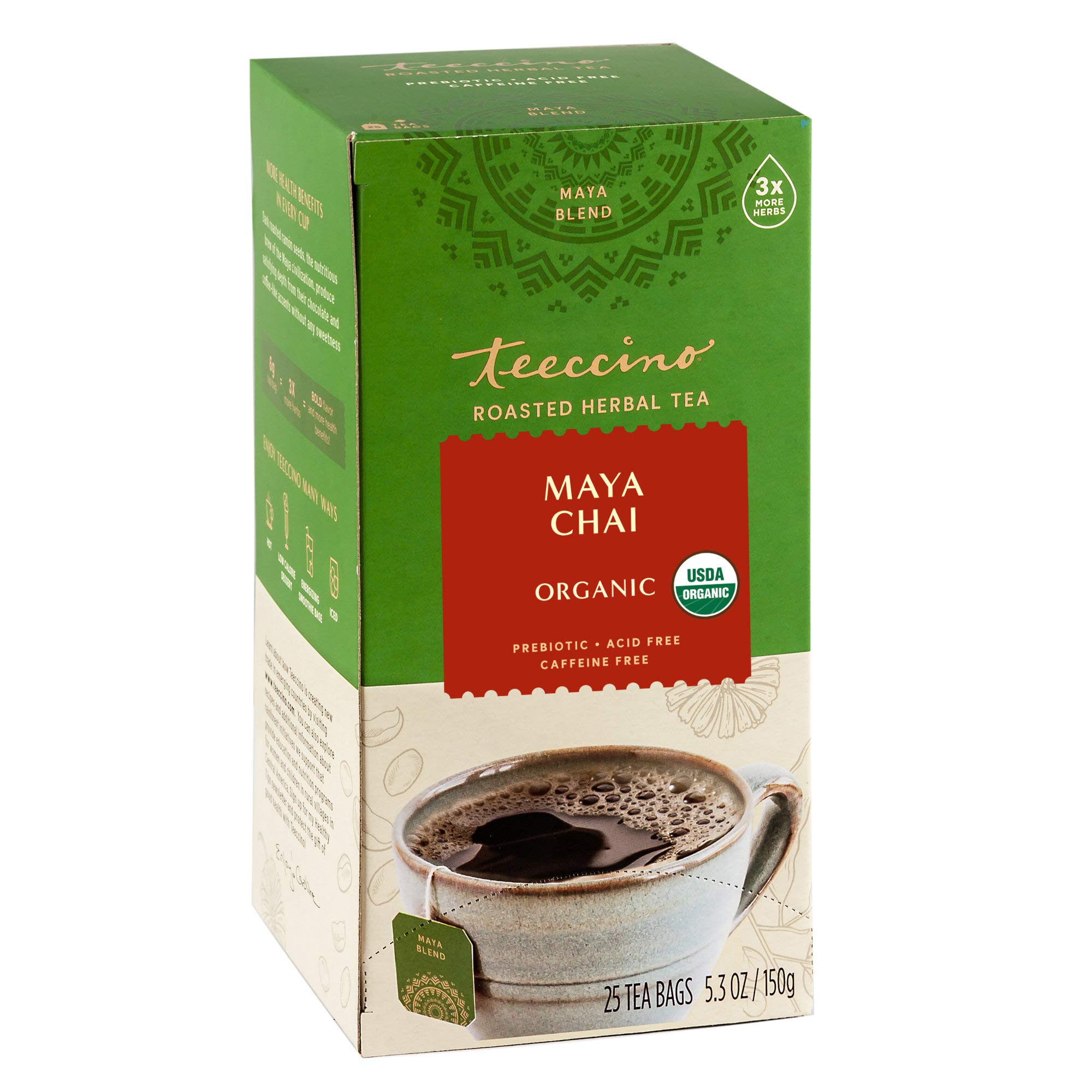 Teeccino Maya Chai Herbal Tea - Rich & Roasted Herbal Tea That's Caffeine Free & Prebiotic for Natural Energy, 25 Tea Bags