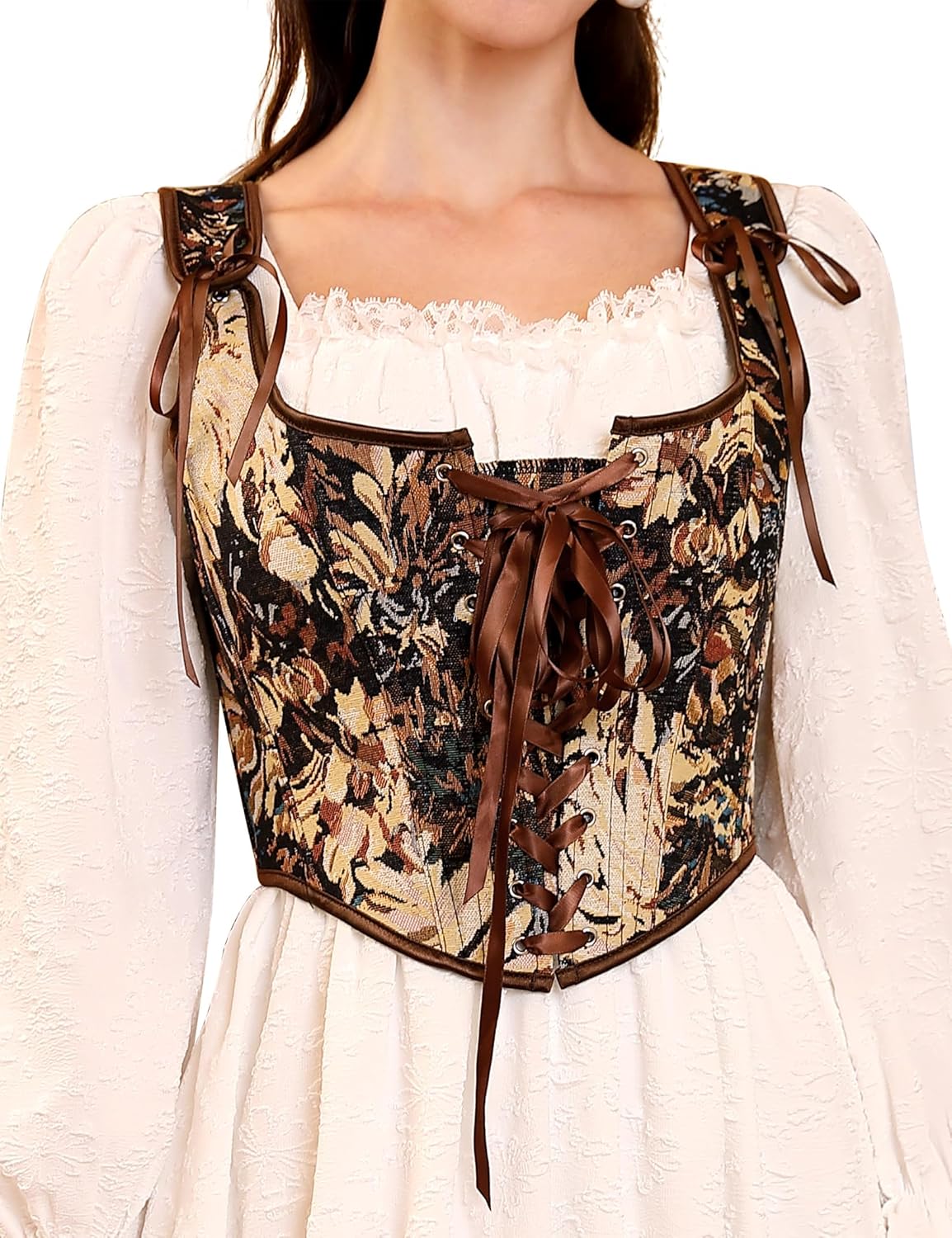KOJOOIN Womens Vintage Floral Corset Lace-Up Fishbone Print Vest Renaissance pirate costume